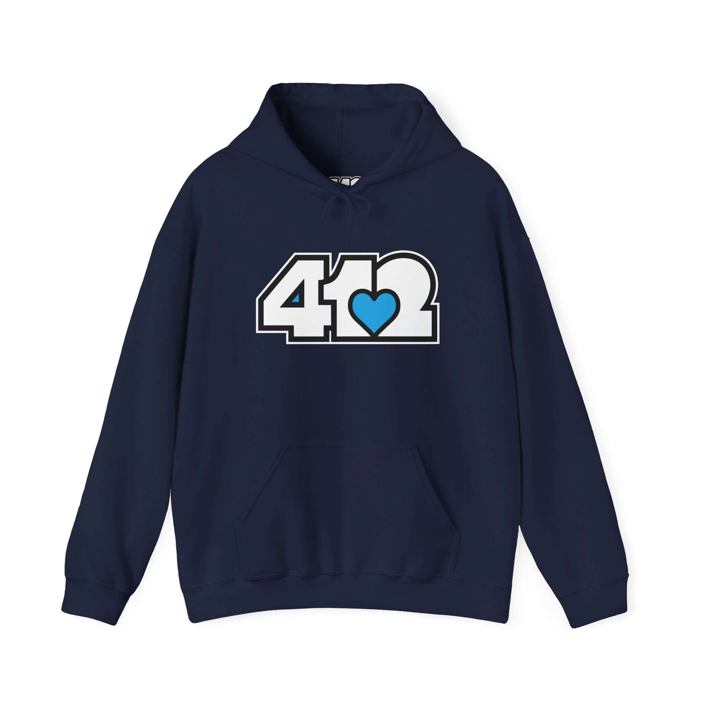 Pittsburgh Hoodie | White and Blue 412 Logo. Apparel Color: Navy. 50/50 cotton-poly blend, cozy fit, kangaroo pocket, adjustable drawstring hood.