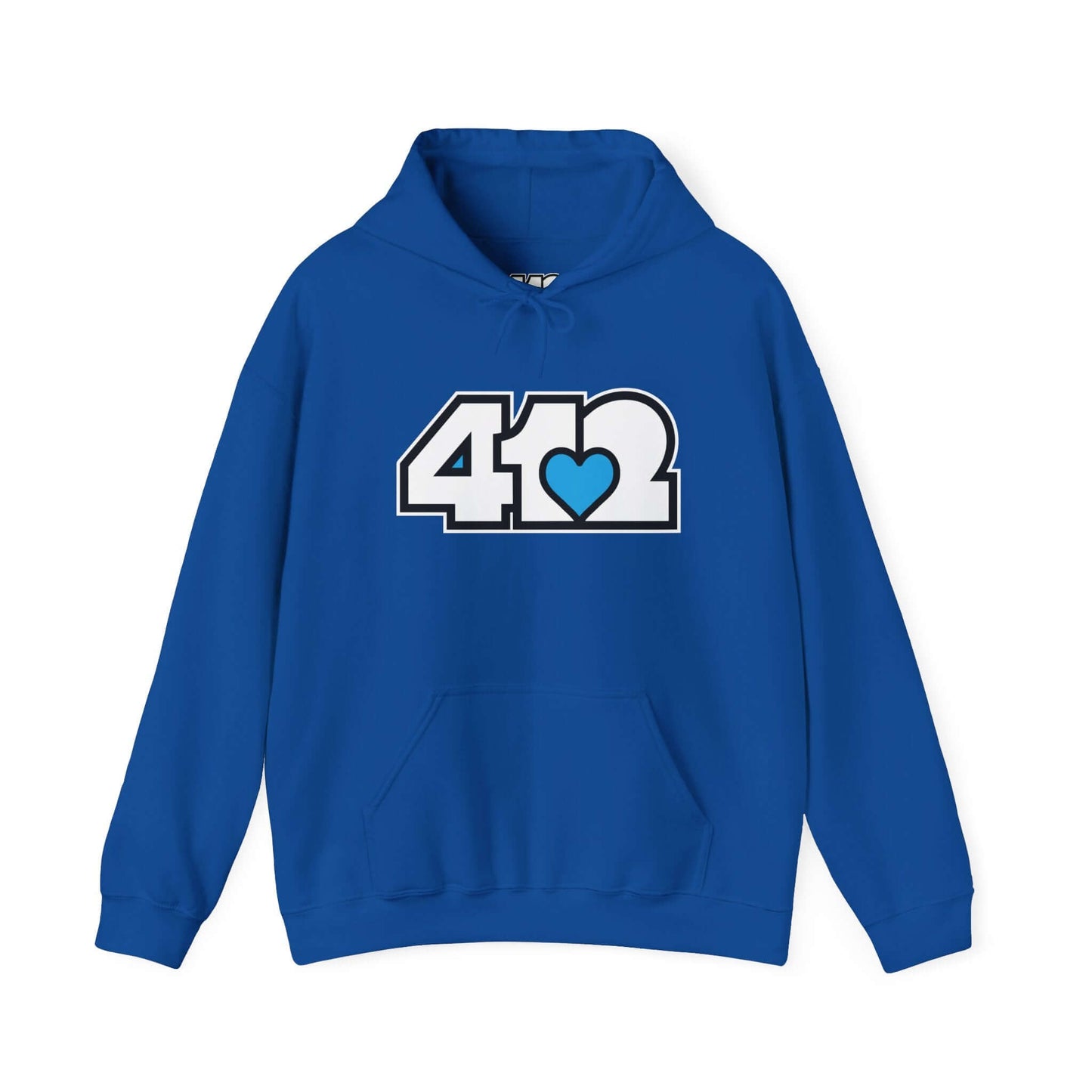 Pittsburgh Hoodie | White and Blue 412 Logo. Apparel Color: Royal. 50/50 cotton-poly blend, cozy fit, kangaroo pocket, adjustable drawstring hood.