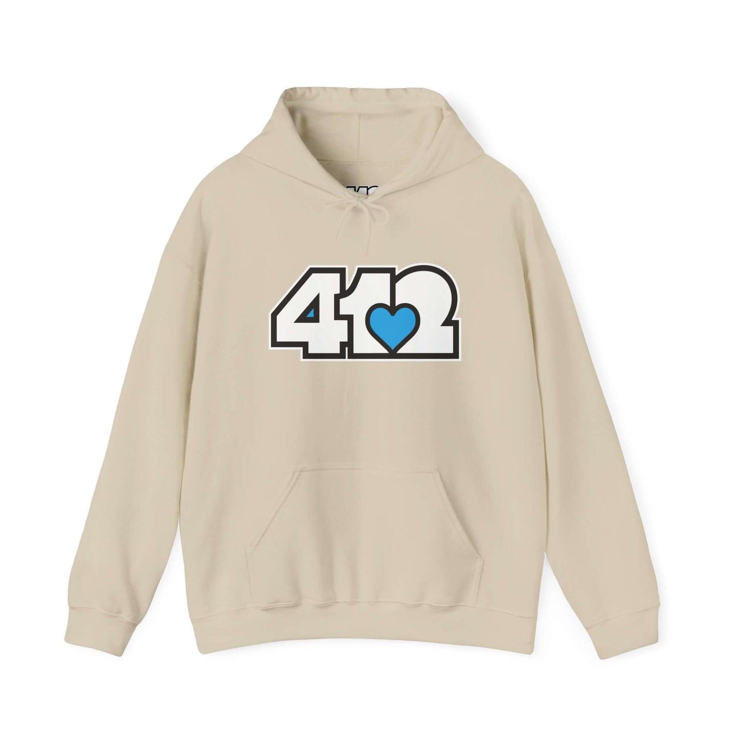 Pittsburgh Hoodie | White and Blue 412 Logo. Apparel Color: Sand. 50/50 cotton-poly blend, cozy fit, kangaroo pocket, adjustable drawstring hood.