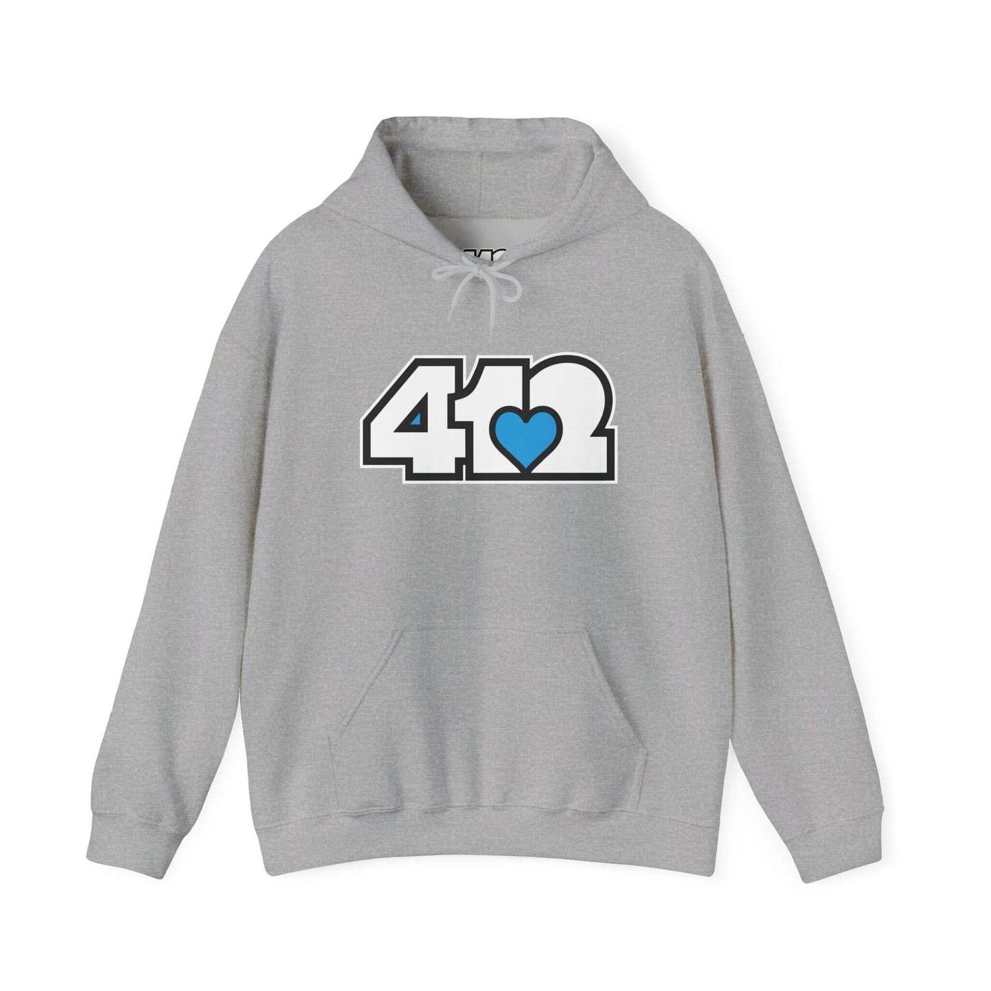 Pittsburgh Hoodie | White and Blue 412 Logo. Apparel Color: Sport Grey. 50/50 cotton-poly blend, cozy fit, kangaroo pocket, adjustable drawstring hood.