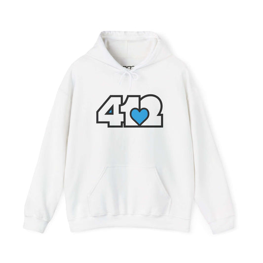 Pittsburgh Hoodie | White and Blue 412 Logo. Apparel Color: White. 50/50 cotton-poly blend, cozy fit, kangaroo pocket, adjustable drawstring hood.