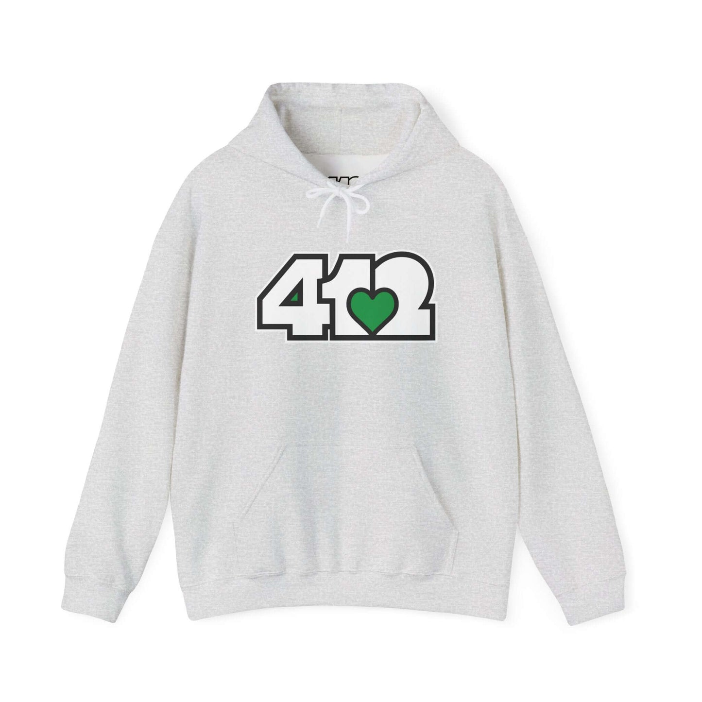 Pittsburgh Hoodie | White and Green 412 Logo. Apparel Color: Ash. 50/50 cotton-poly blend, cozy fit, kangaroo pocket, adjustable drawstring hood.