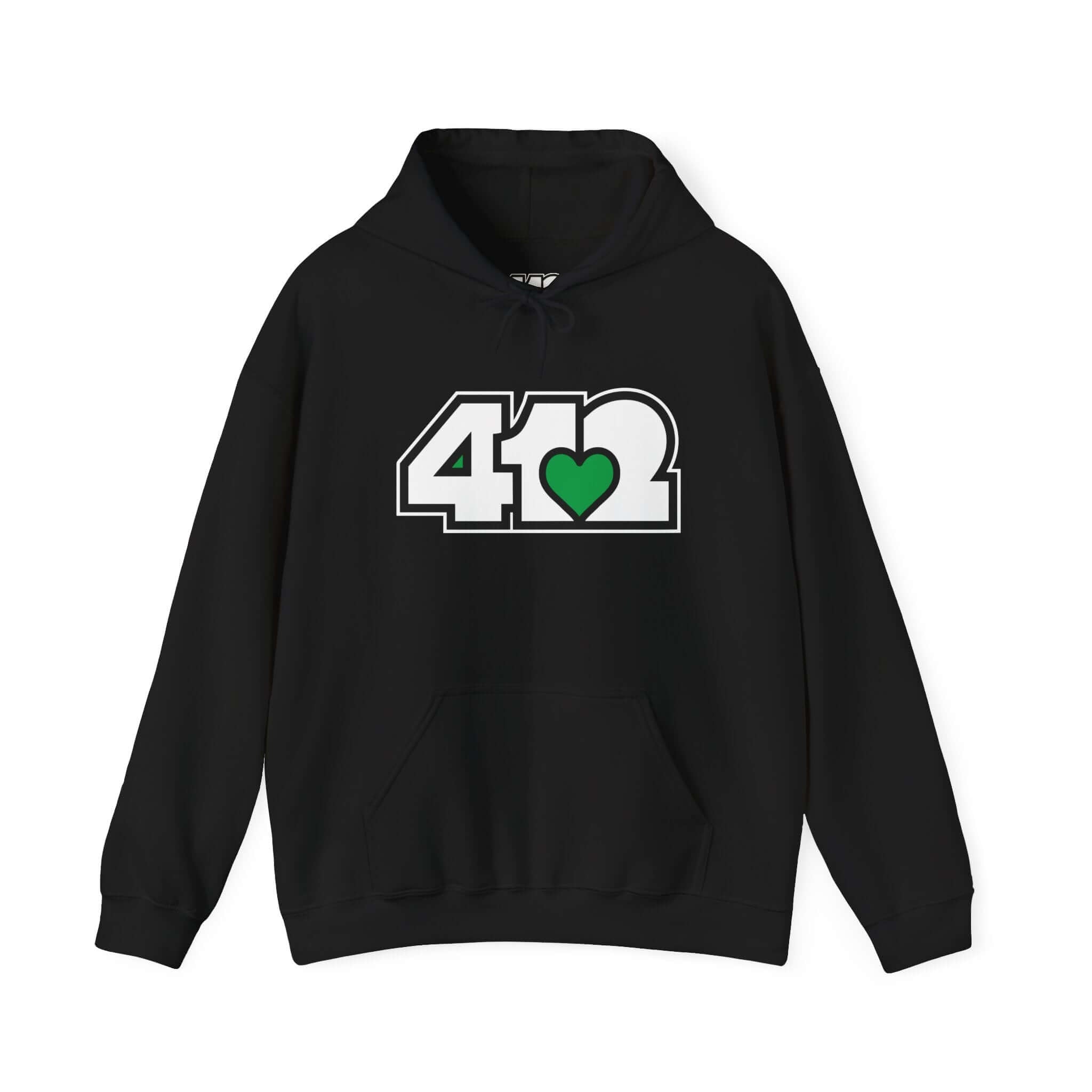 Pittsburgh Hoodie | White and Green 412 Logo. Apparel Color: Black. 50/50 cotton-poly blend, cozy fit, kangaroo pocket, adjustable drawstring hood.