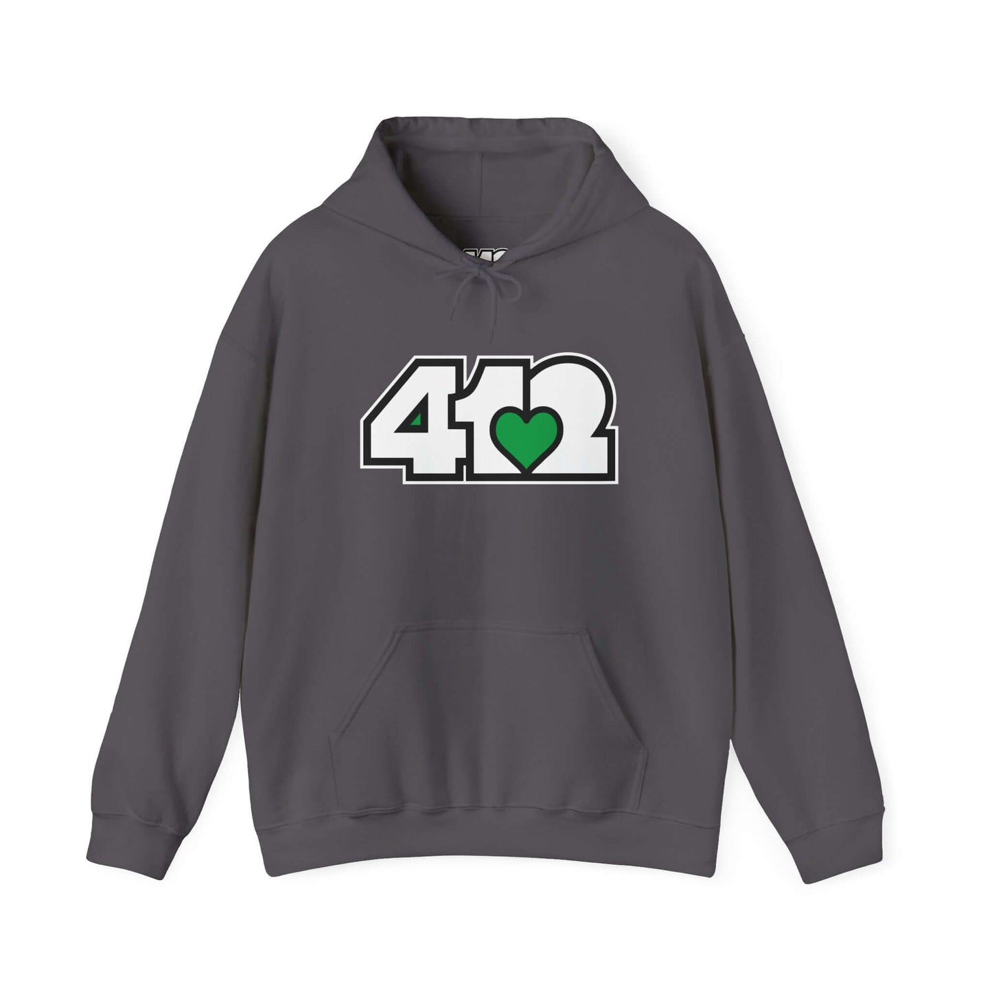 Pittsburgh Hoodie | White and Green 412 Logo. Apparel Color: Charcoal. 50/50 cotton-poly blend, cozy fit, kangaroo pocket, adjustable drawstring hood.