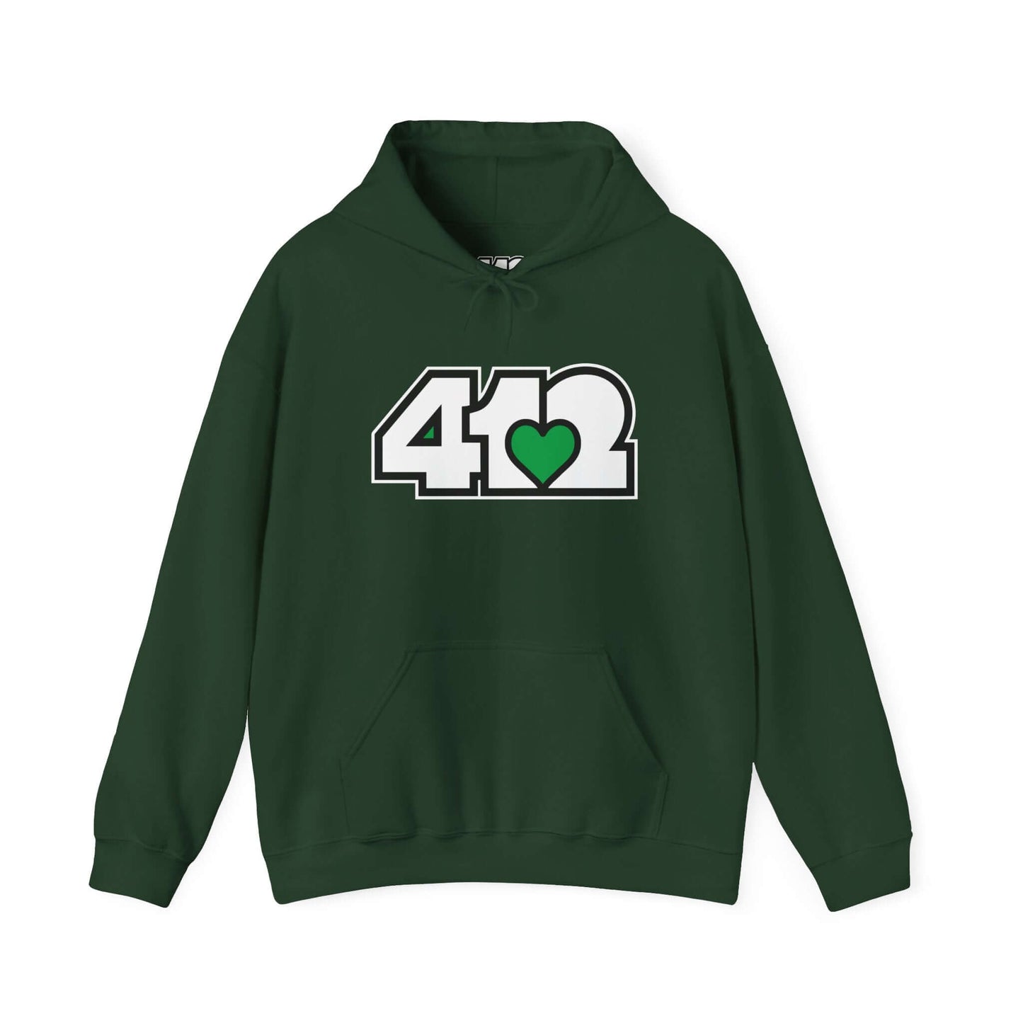 Pittsburgh Hoodie | White and Green 412 Logo. Apparel Color: Forest Green. 50/50 cotton-poly blend, cozy fit, kangaroo pocket, adjustable drawstring hood.