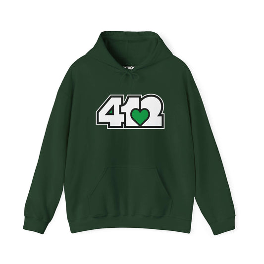 Pittsburgh Hoodie | White and Green 412 Logo. Apparel Color: Forest Green. 50/50 cotton-poly blend, cozy fit, kangaroo pocket, adjustable drawstring hood.