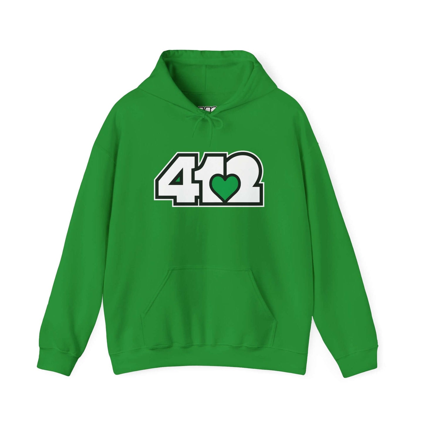 Pittsburgh Hoodie | White and Green 412 Logo. Apparel Color: Irish Green. 50/50 cotton-poly blend, cozy fit, kangaroo pocket, adjustable drawstring hood.