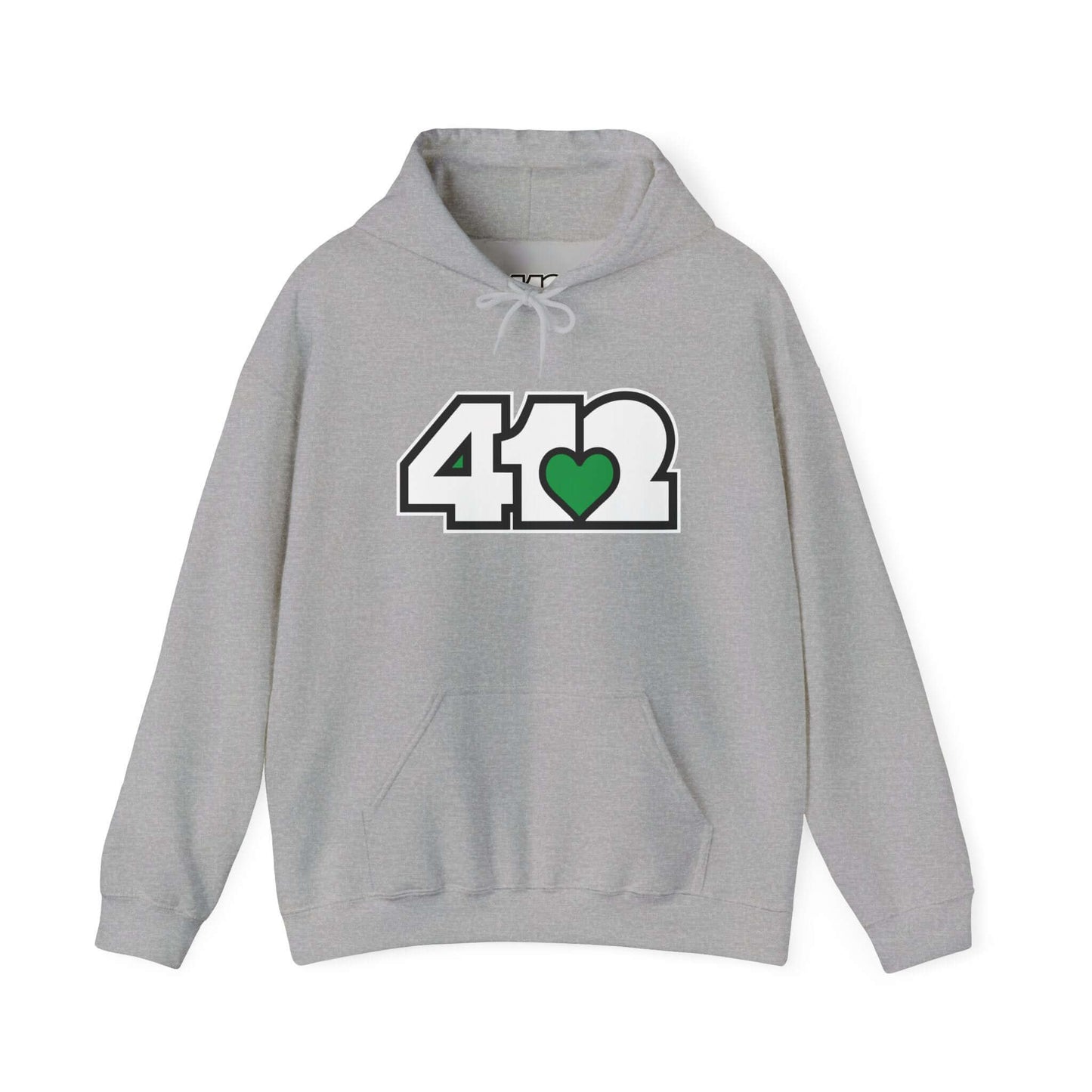 Pittsburgh Hoodie | White and Green 412 Logo. Apparel Color: Sport Grey. 50/50 cotton-poly blend, cozy fit, kangaroo pocket, adjustable drawstring hood.