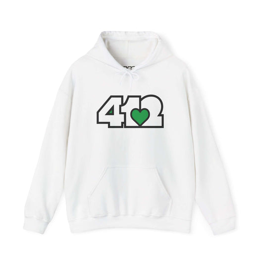 Pittsburgh Hoodie | White and Green 412 Logo. Apparel Color: White. 50/50 cotton-poly blend, cozy fit, kangaroo pocket, adjustable drawstring hood.