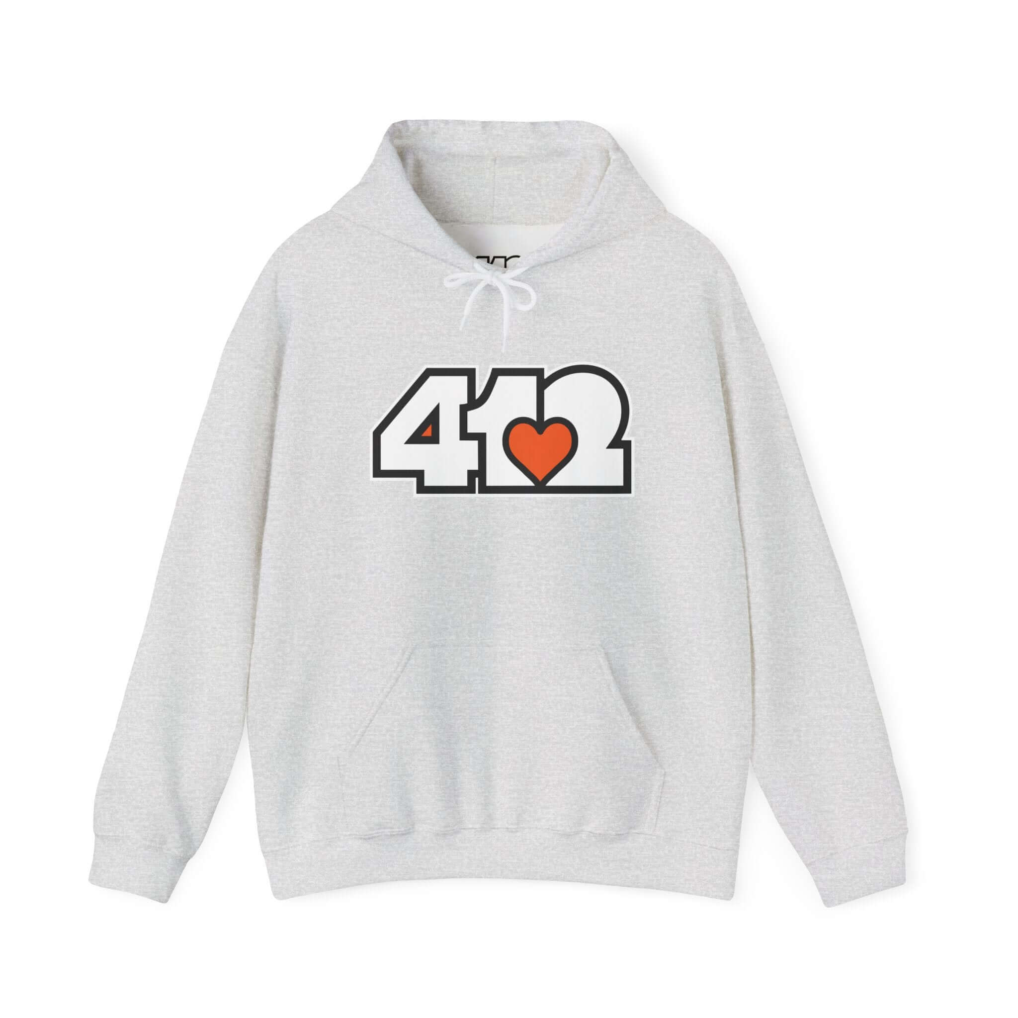 Pittsburgh Hoodie | White and Orange 412 Logo. Apparel Color: Ash. 50/50 cotton-poly blend, cozy fit, kangaroo pocket, adjustable drawstring hood.