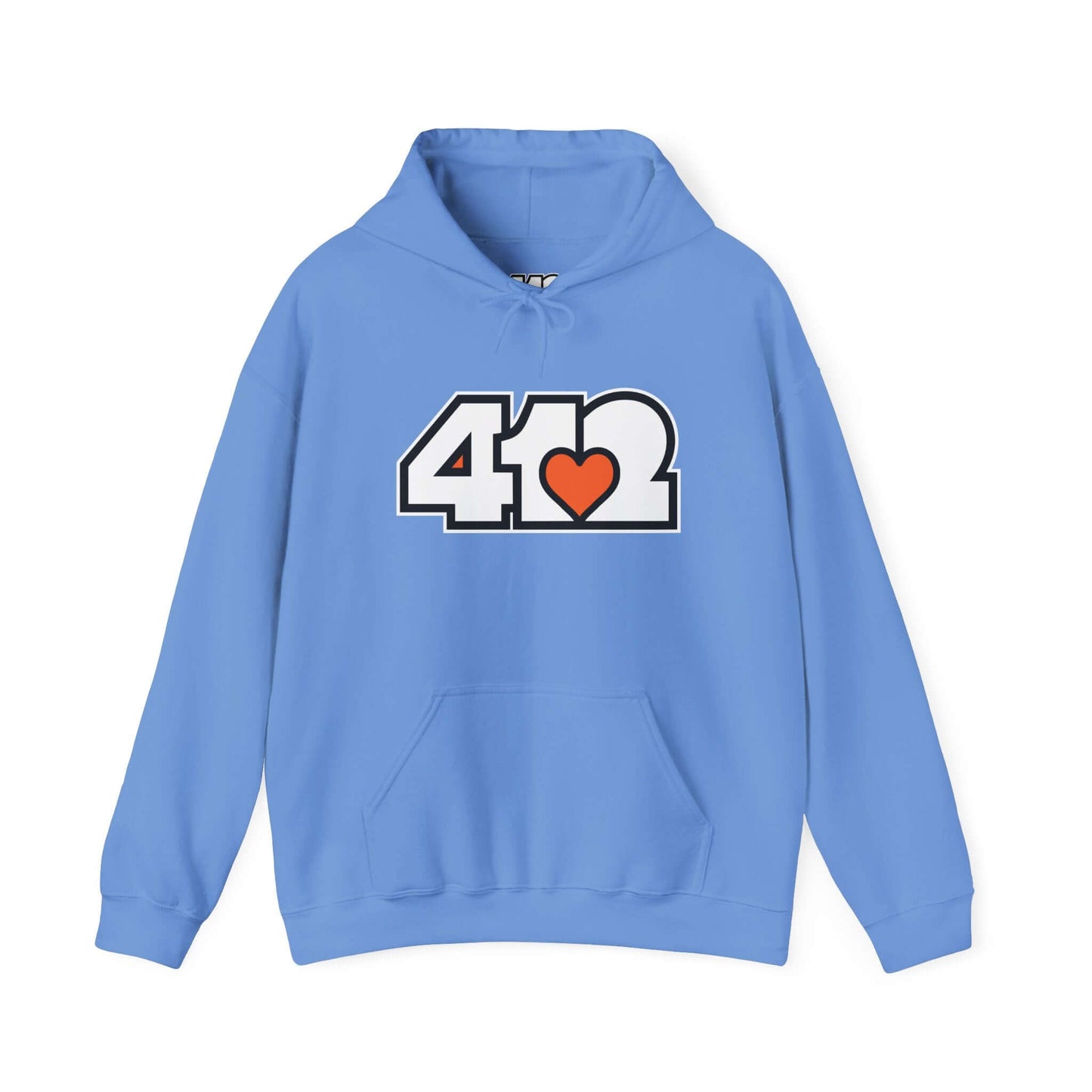 Pittsburgh Hoodie | White and Orange 412 Logo. Apparel Color: Carolina Blue. 50/50 cotton-poly blend, cozy fit, kangaroo pocket, adjustable drawstring hood.