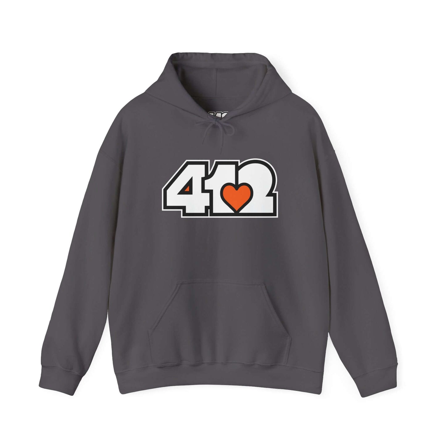 Pittsburgh Hoodie | White and Orange 412 Logo. Apparel Color: Charcoal. 50/50 cotton-poly blend, cozy fit, kangaroo pocket, adjustable drawstring hood.