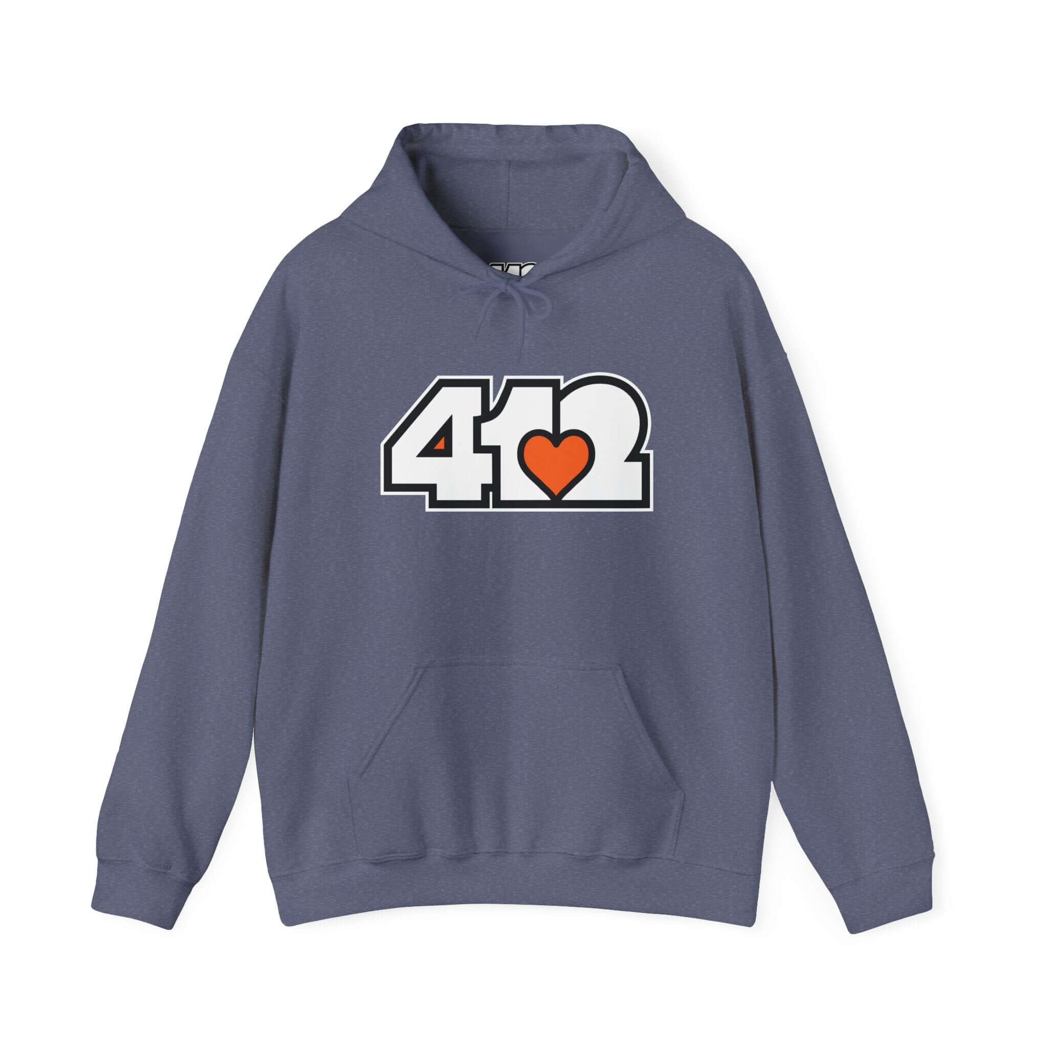 Pittsburgh Hoodie | White and Orange 412 Logo. Apparel Color: Heather Navy. 50/50 cotton-poly blend, cozy fit, kangaroo pocket, adjustable drawstring hood.