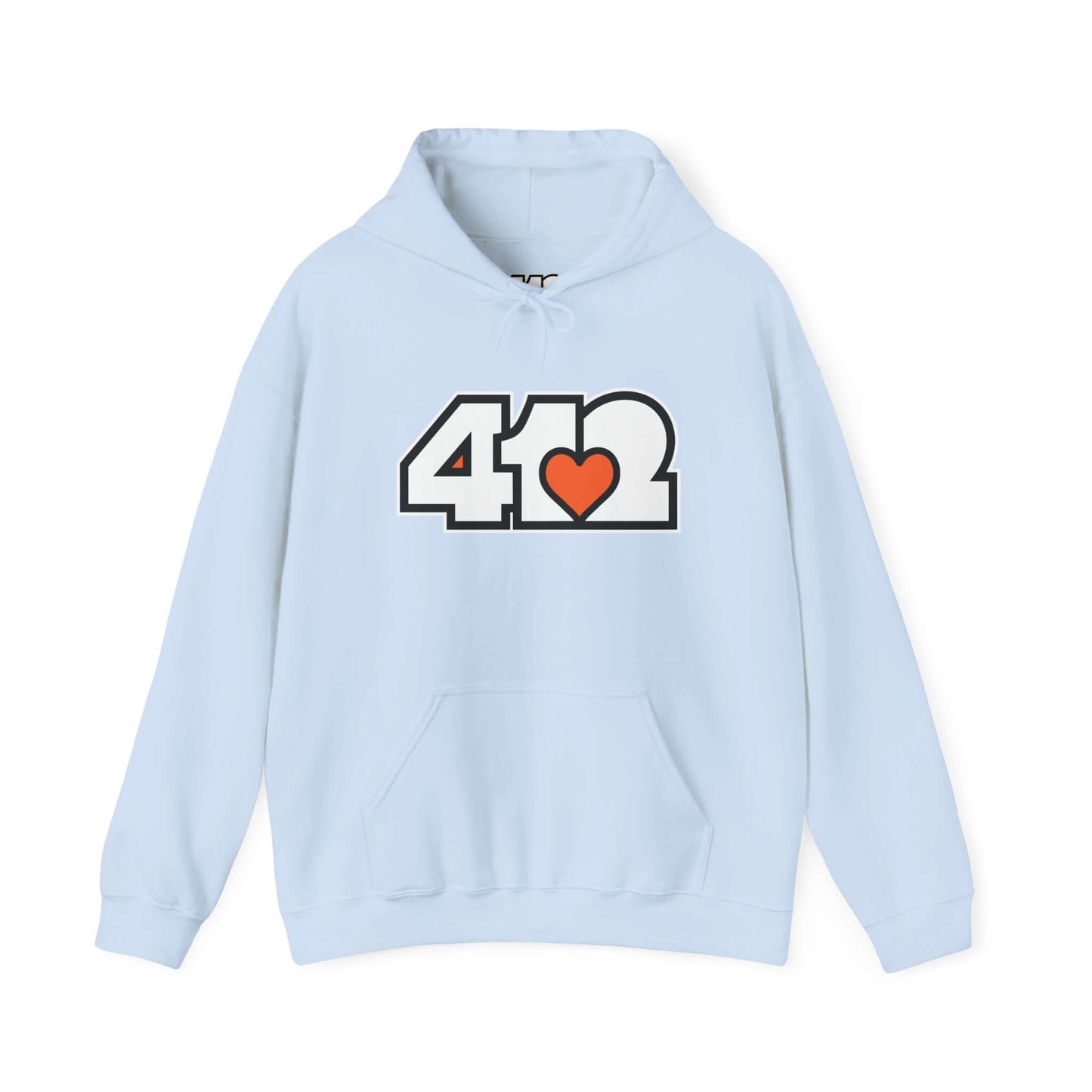 Pittsburgh Hoodie | White and Orange 412 Logo. Apparel Color: Light Blue. 50/50 cotton-poly blend, cozy fit, kangaroo pocket, adjustable drawstring hood.