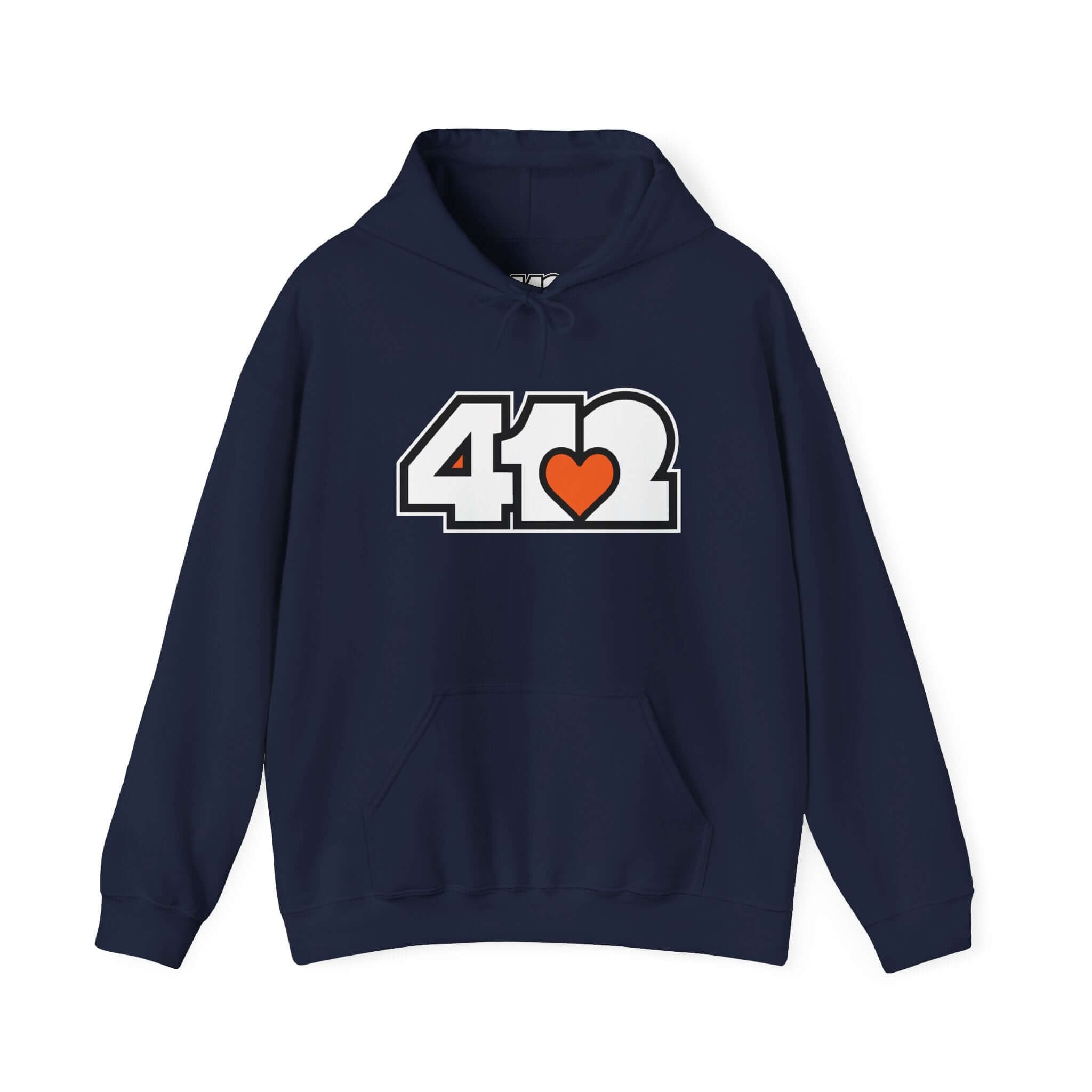 Pittsburgh Hoodie | White and Orange 412 Logo. Apparel Color: Navy. 50/50 cotton-poly blend, cozy fit, kangaroo pocket, adjustable drawstring hood.