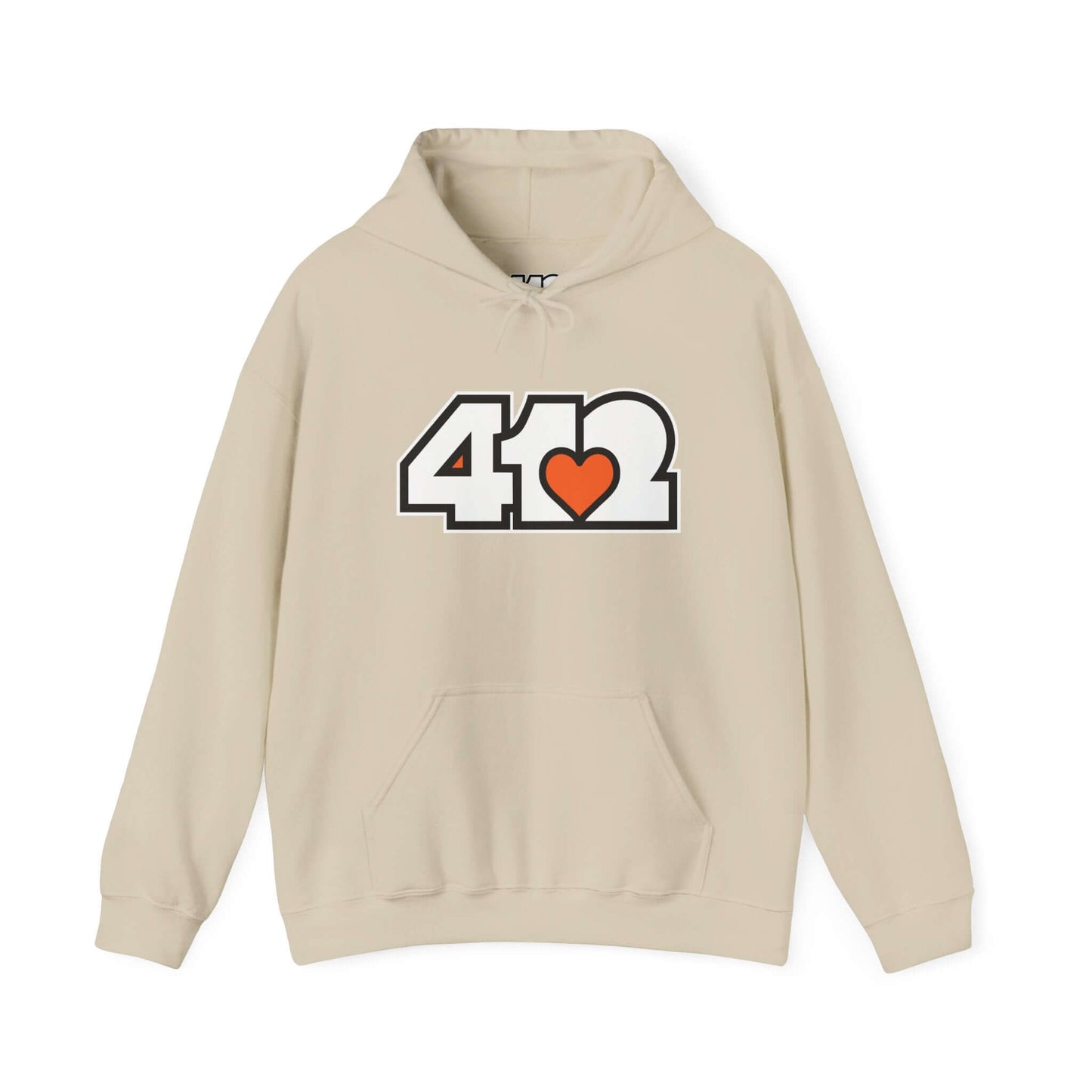 Pittsburgh Hoodie | White and Orange 412 Logo. Apparel Color: Sand. 50/50 cotton-poly blend, cozy fit, kangaroo pocket, adjustable drawstring hood.