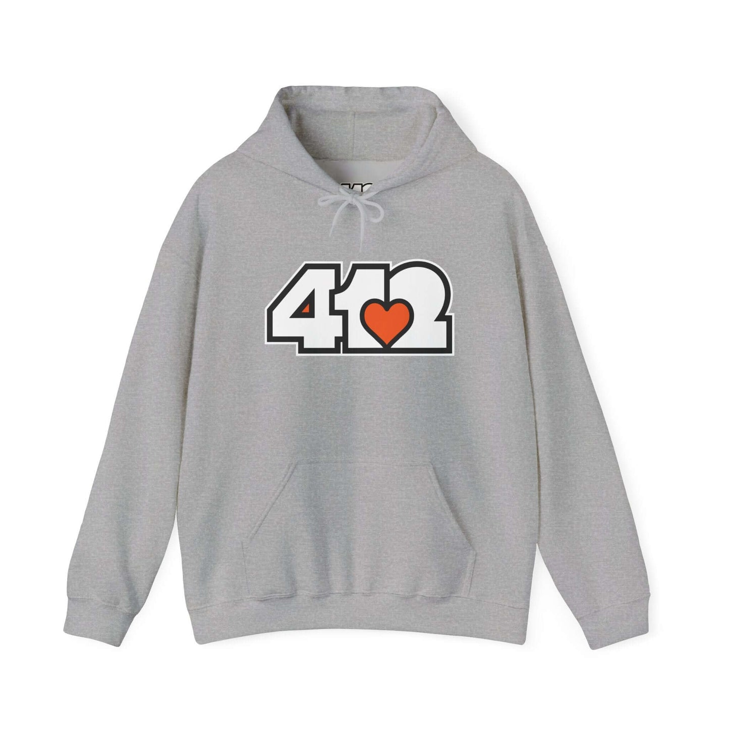 Pittsburgh Hoodie | White and Orange 412 Logo. Apparel Color: Sport Grey. 50/50 cotton-poly blend, cozy fit, kangaroo pocket, adjustable drawstring hood.