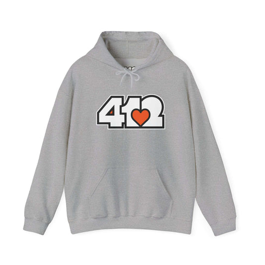 Pittsburgh Hoodie | White and Orange 412 Logo. Apparel Color: Sport Grey. 50/50 cotton-poly blend, cozy fit, kangaroo pocket, adjustable drawstring hood.
