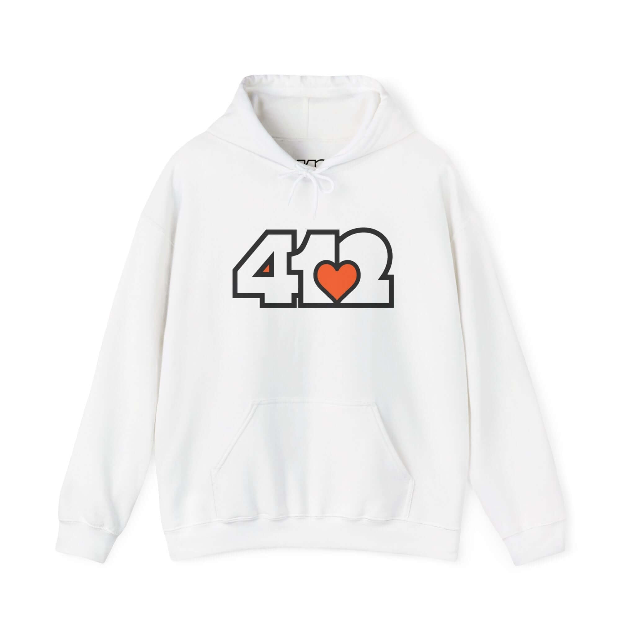 Pittsburgh Hoodie | White and Orange 412 Logo. Apparel Color: White. 50/50 cotton-poly blend, cozy fit, kangaroo pocket, adjustable drawstring hood.