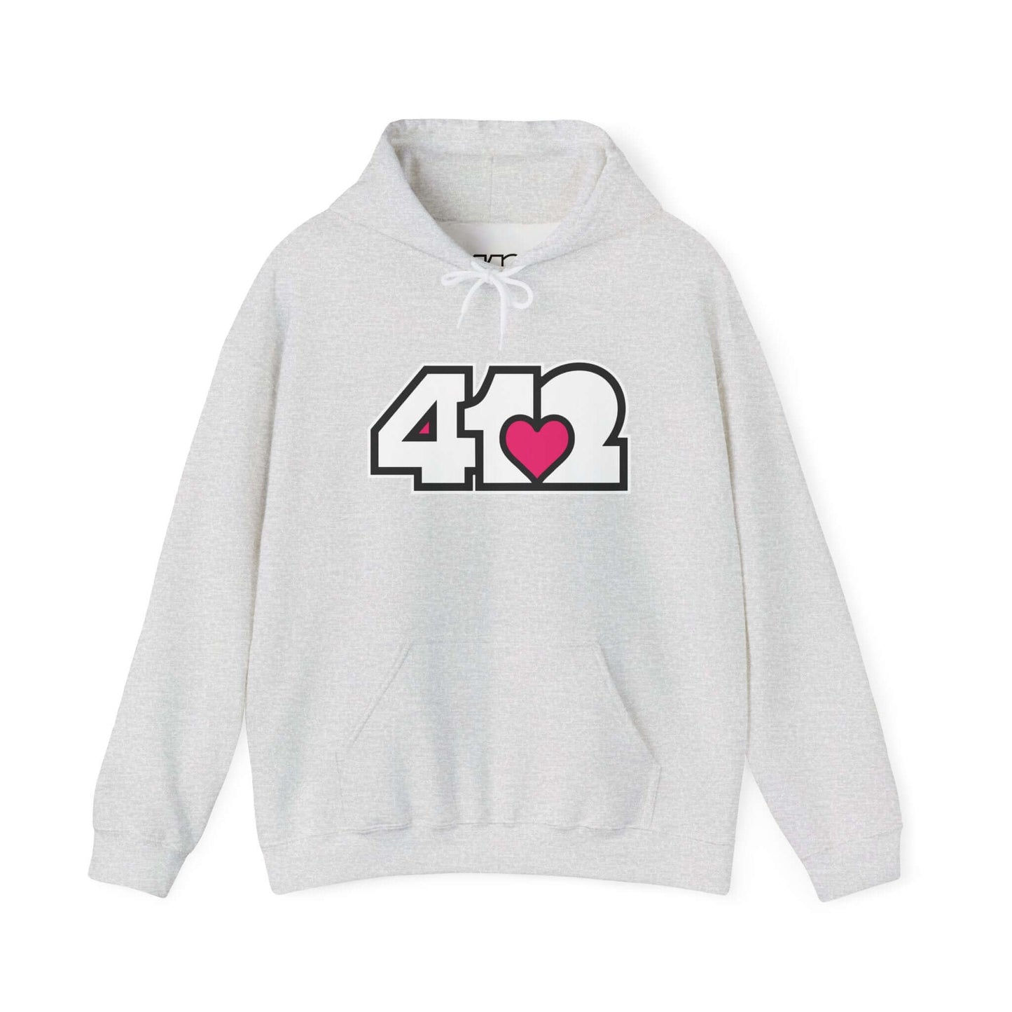 Pittsburgh Hoodie | White and Pink 412 Logo. Apparel Color: Ash. 50/50 cotton-poly blend, cozy fit, kangaroo pocket, adjustable drawstring hood.