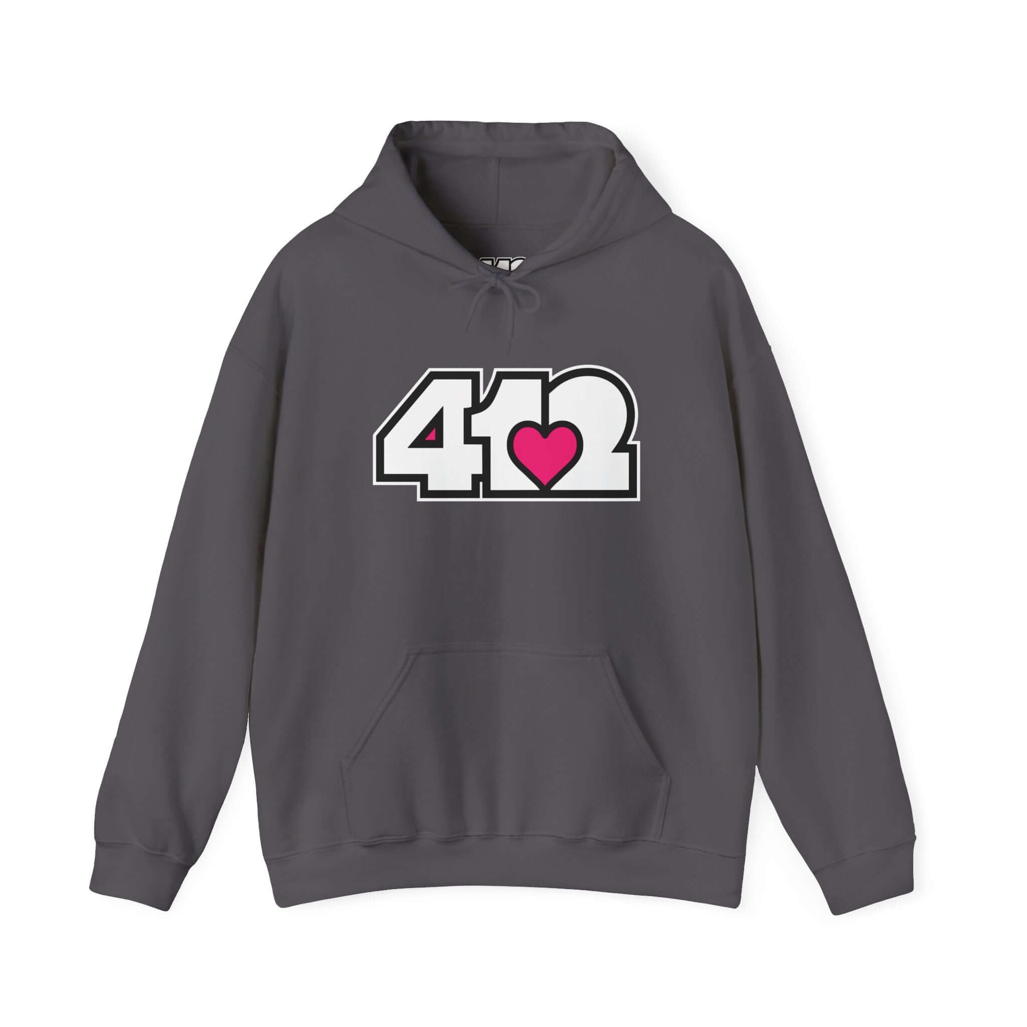 Pittsburgh Hoodie | White and Pink 412 Logo. Apparel Color: Charcoal. 50/50 cotton-poly blend, cozy fit, kangaroo pocket, adjustable drawstring hood.