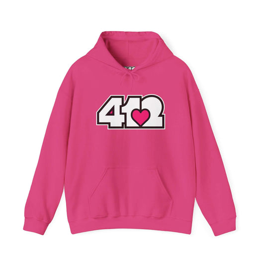 Pittsburgh Hoodie | White and Pink 412 Logo. Apparel Color: Heliconia. 50/50 cotton-poly blend, cozy fit, kangaroo pocket, adjustable drawstring hood.