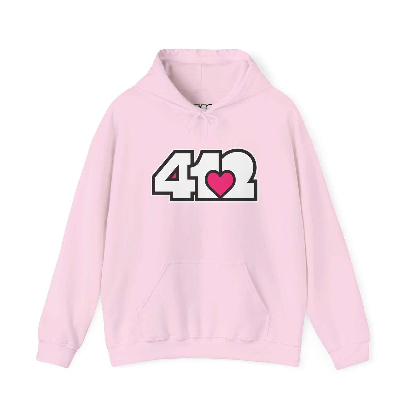 Pittsburgh Hoodie | White and Pink 412 Logo. Apparel Color: Light Pink. 50/50 cotton-poly blend, cozy fit, kangaroo pocket, adjustable drawstring hood.