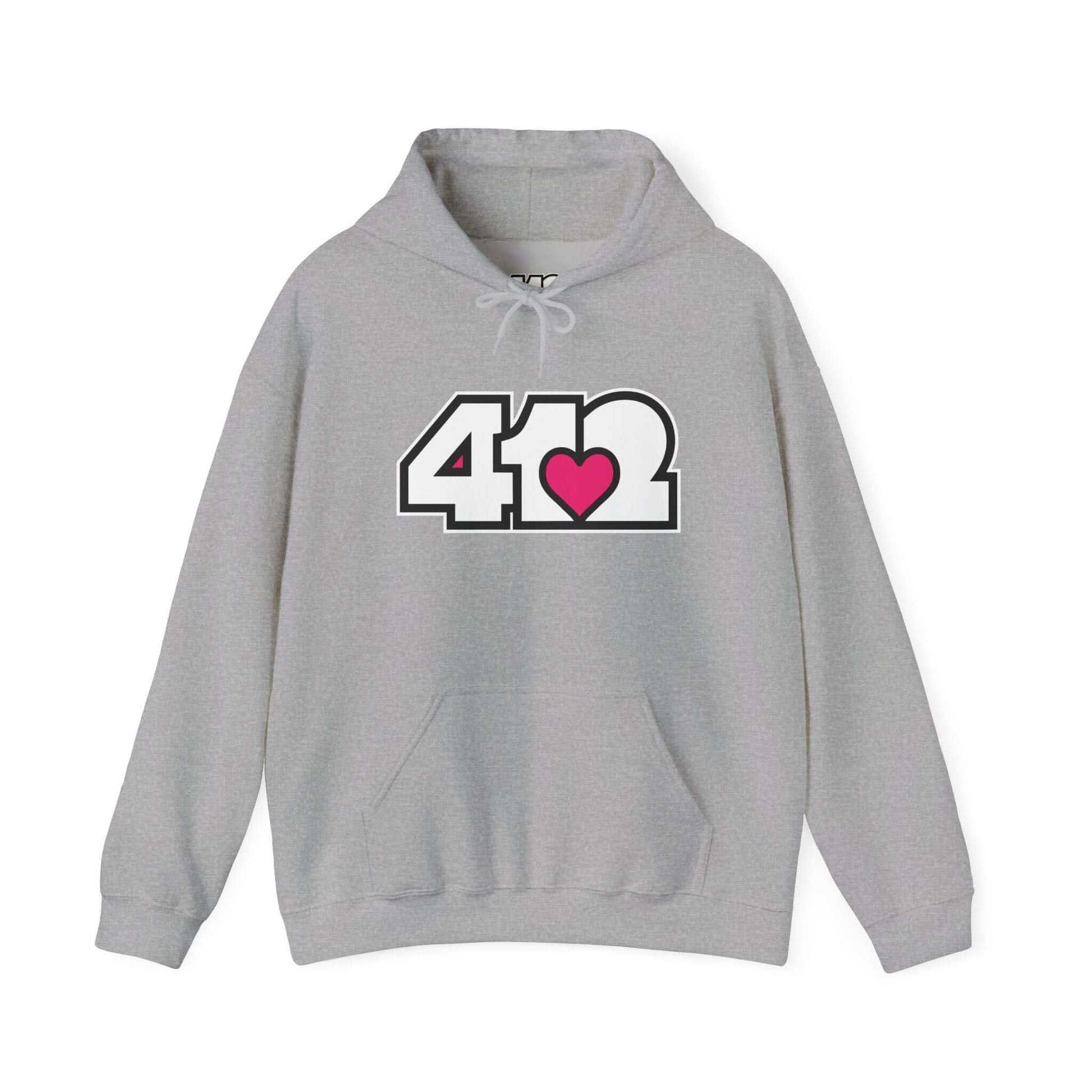 Pittsburgh Hoodie | White and Pink 412 Logo. Apparel Color: Sport Grey. 50/50 cotton-poly blend, cozy fit, kangaroo pocket, adjustable drawstring hood.