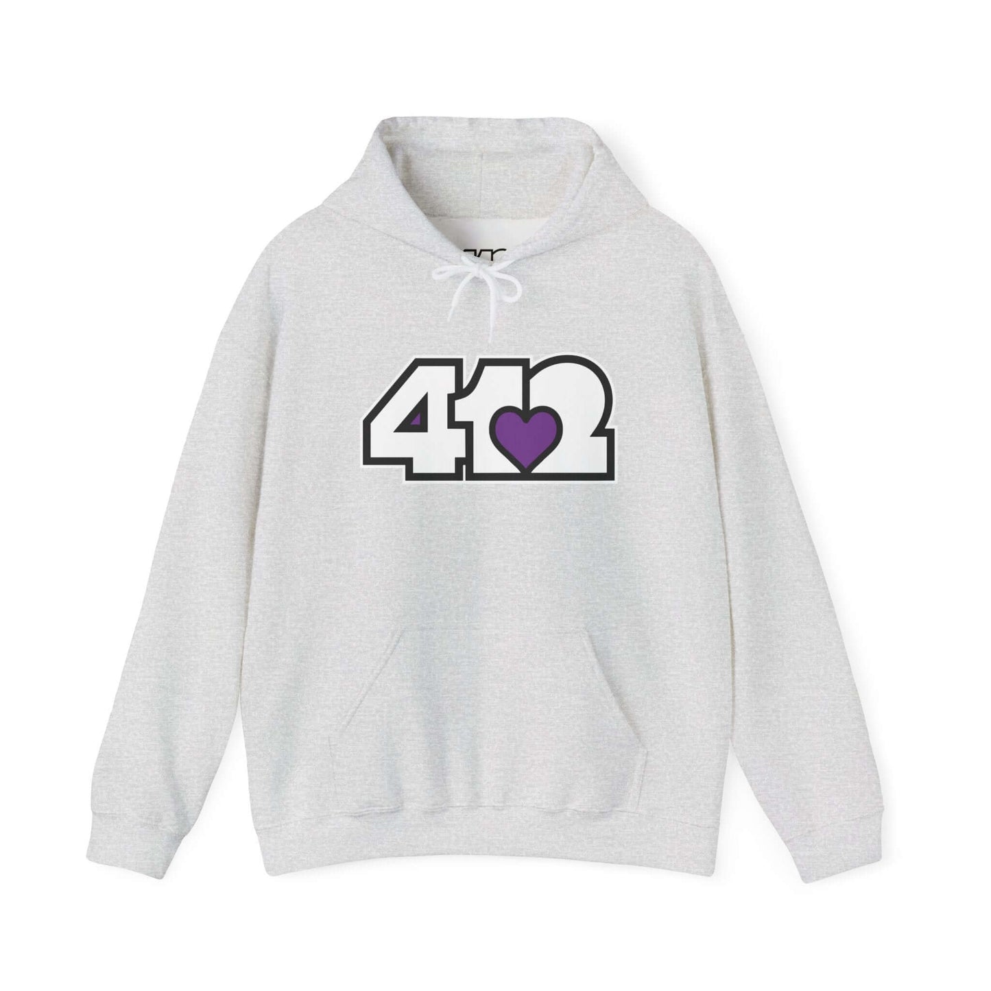 Pittsburgh Hoodie | White and Purple 412 Logo. Apparel Color: Ash. 50/50 cotton-poly blend, cozy fit, kangaroo pocket, adjustable drawstring hood.