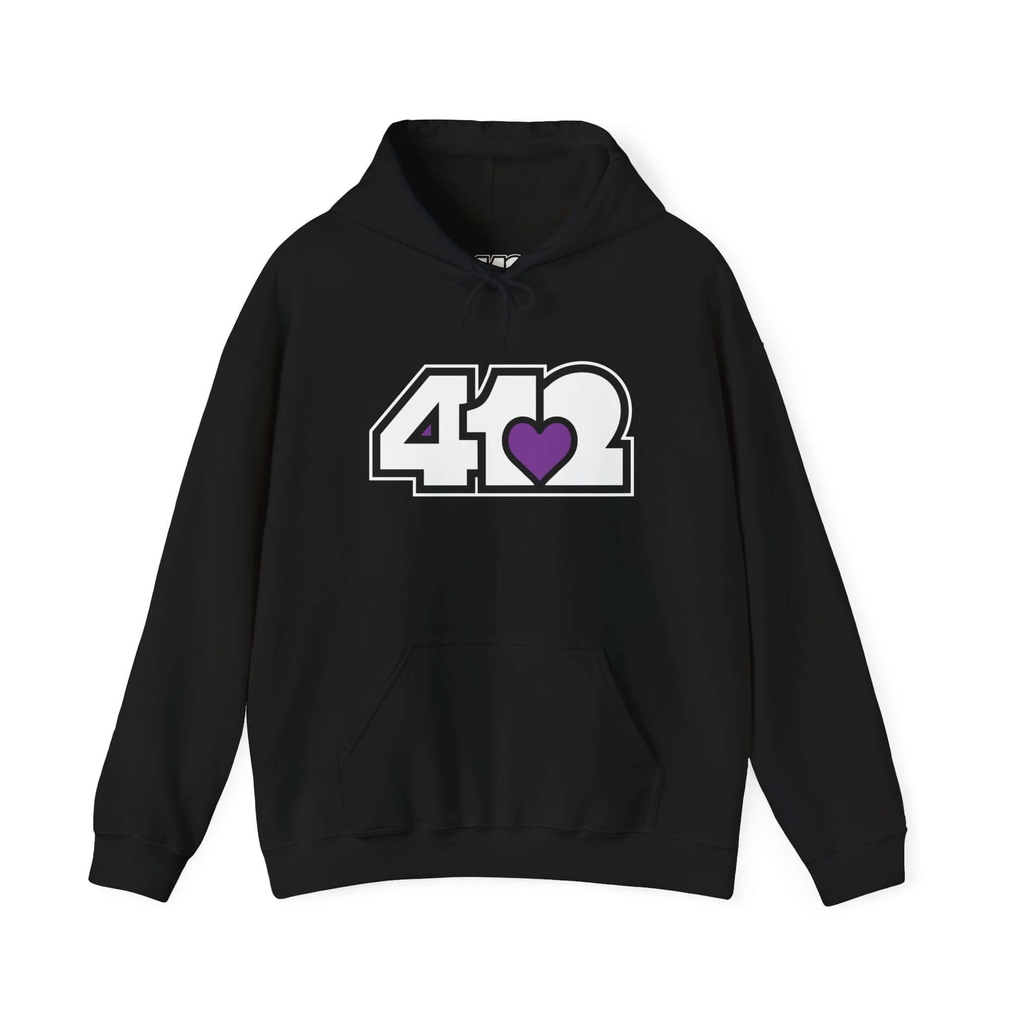 Pittsburgh Hoodie | White and Purple 412 Logo. Apparel Color: Black. 50/50 cotton-poly blend, cozy fit, kangaroo pocket, adjustable drawstring hood.