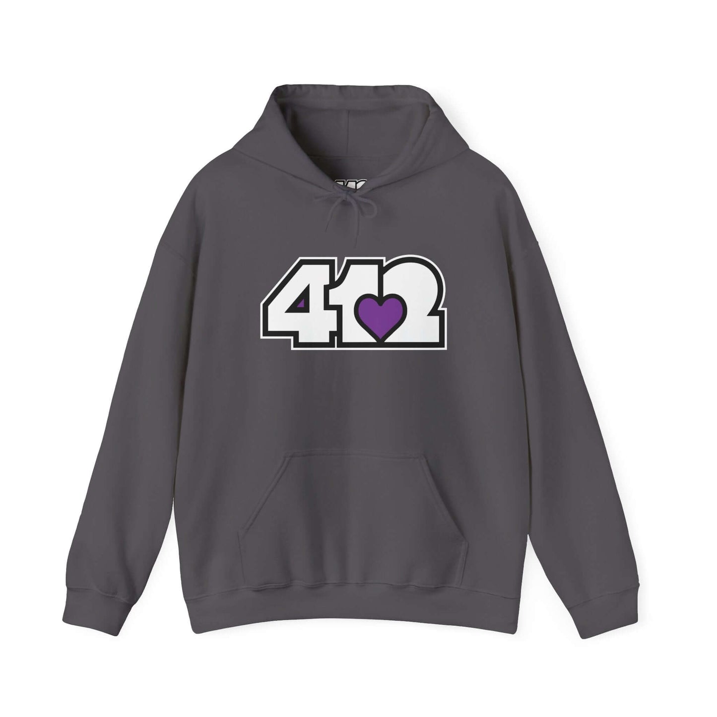 Pittsburgh Hoodie | White and Purple 412 Logo. Apparel Color: Charcoal. 50/50 cotton-poly blend, cozy fit, kangaroo pocket, adjustable drawstring hood.