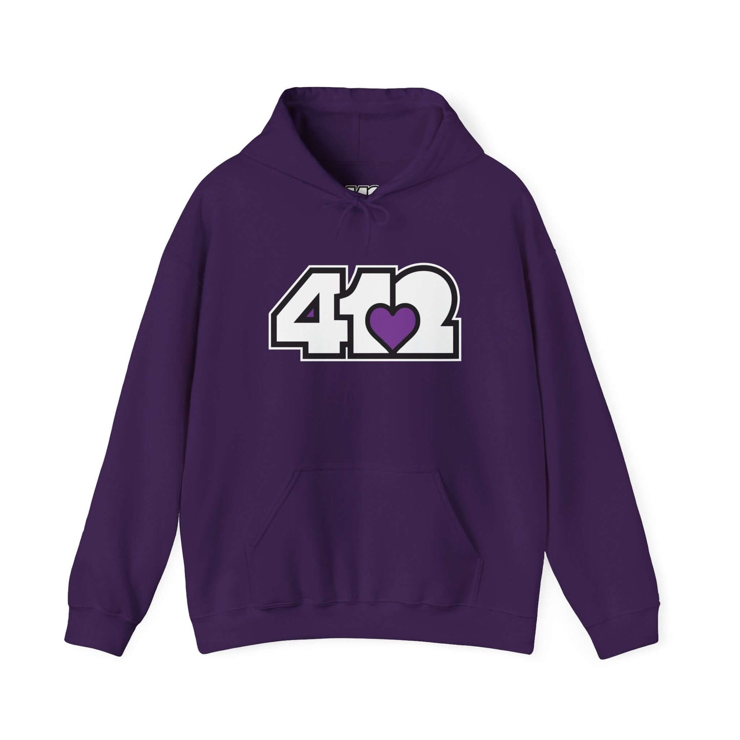 Pittsburgh Hoodie | White and Purple 412 Logo. Apparel Color: Purple. 50/50 cotton-poly blend, cozy fit, kangaroo pocket, adjustable drawstring hood.