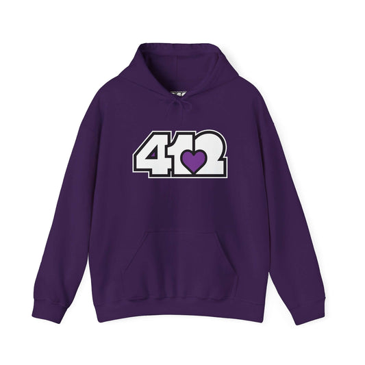 Pittsburgh Hoodie | White and Purple 412 Logo. Apparel Color: Purple. 50/50 cotton-poly blend, cozy fit, kangaroo pocket, adjustable drawstring hood.