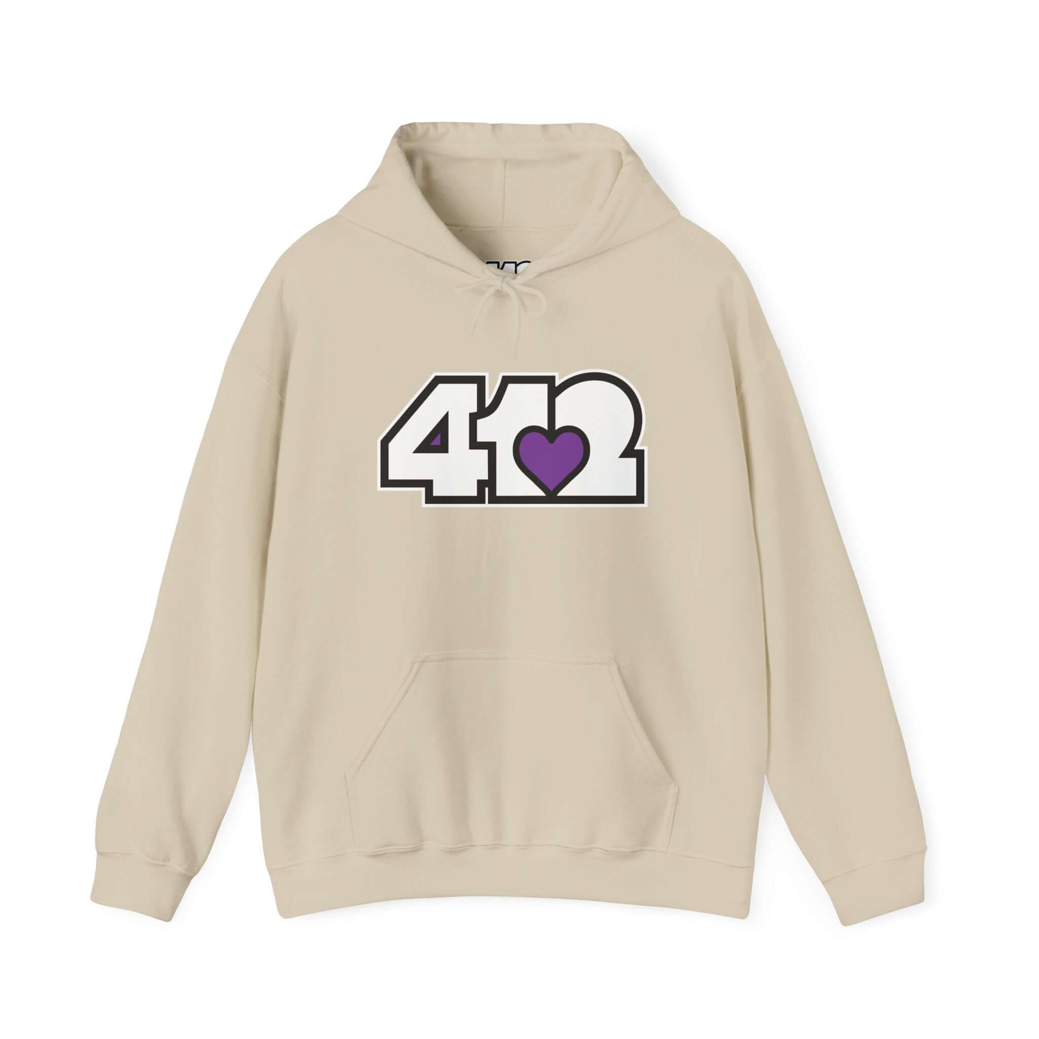 Pittsburgh Hoodie | White and Purple 412 Logo. Apparel Color: Sand. 50/50 cotton-poly blend, cozy fit, kangaroo pocket, adjustable drawstring hood.