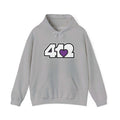 Pittsburgh Hoodie | White and Purple 412 Logo. Apparel Color: Sport Grey. 50/50 cotton-poly blend, cozy fit, kangaroo pocket, adjustable drawstring hood.