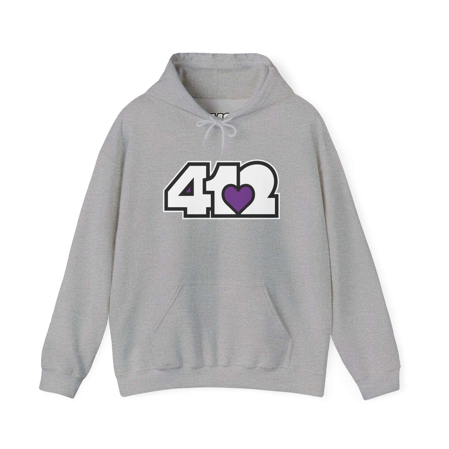 Pittsburgh Hoodie | White and Purple 412 Logo. Apparel Color: Sport Grey. 50/50 cotton-poly blend, cozy fit, kangaroo pocket, adjustable drawstring hood.