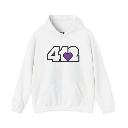 Pittsburgh Hoodie | White and Purple 412 Logo. Apparel Color: White. 50/50 cotton-poly blend, cozy fit, kangaroo pocket, adjustable drawstring hood.