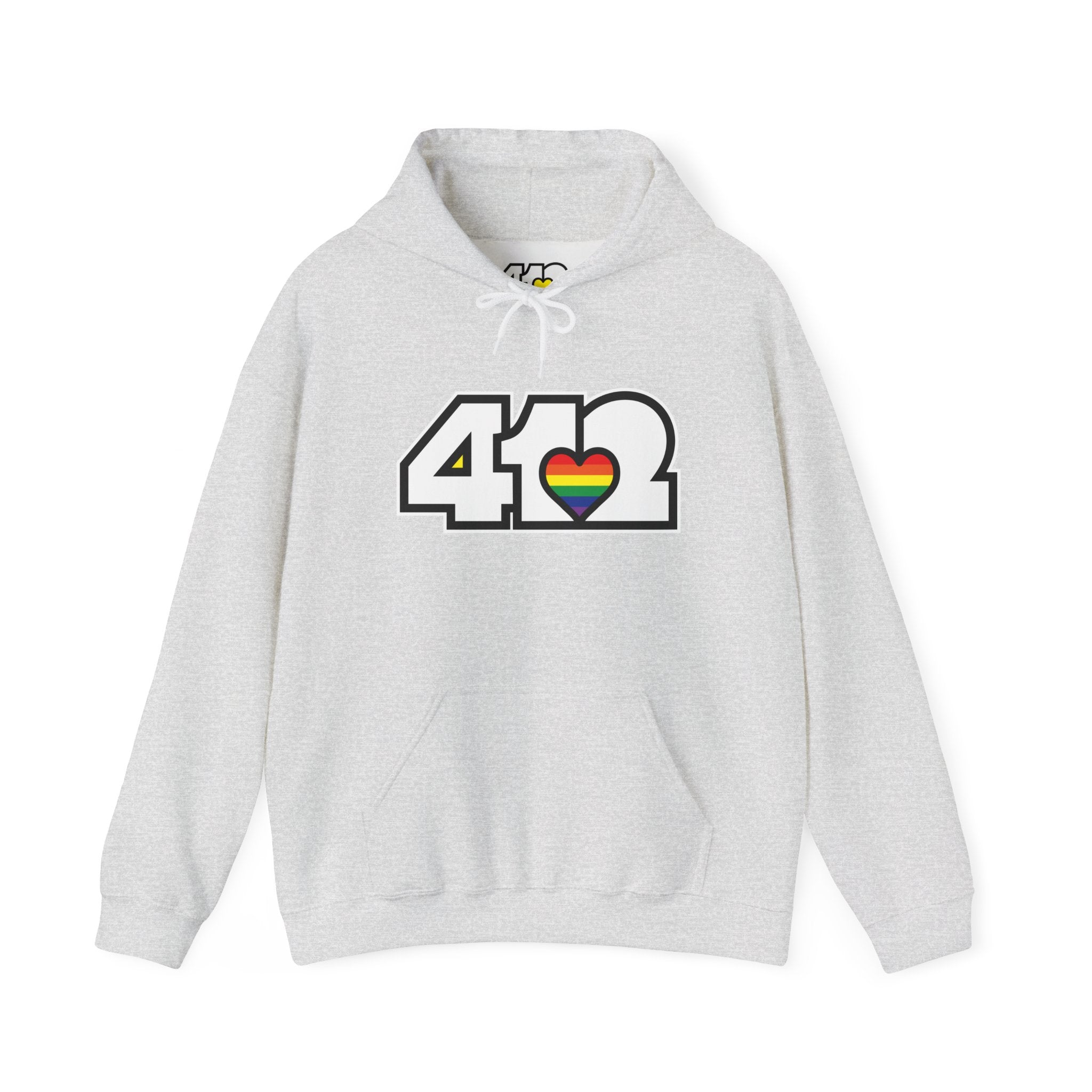 Pittsburgh Hoodie | White and Rainbow 412 Logo. Apparel Color: Ash. 50/50 cotton-poly blend, cozy fit, kangaroo pocket, adjustable drawstring hood.