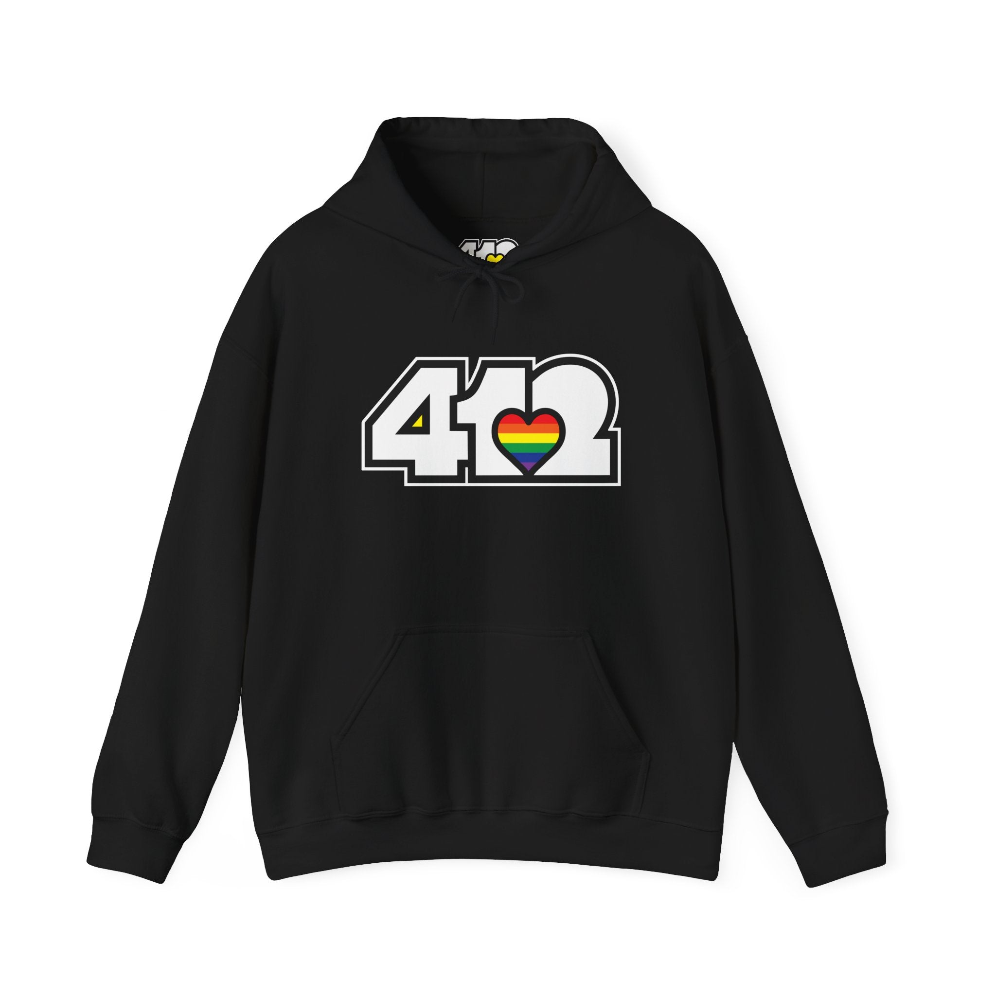 Pittsburgh Hoodie | White and Rainbow 412 Logo. Apparel Color: Black. 50/50 cotton-poly blend, cozy fit, kangaroo pocket, adjustable drawstring hood.