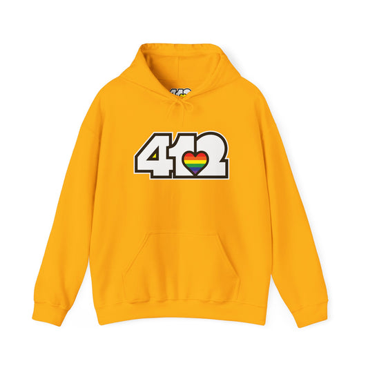 Pittsburgh Hoodie | White and Rainbow 412 Logo. Apparel Color: Gold. 50/50 cotton-poly blend, cozy fit, kangaroo pocket, adjustable drawstring hood.