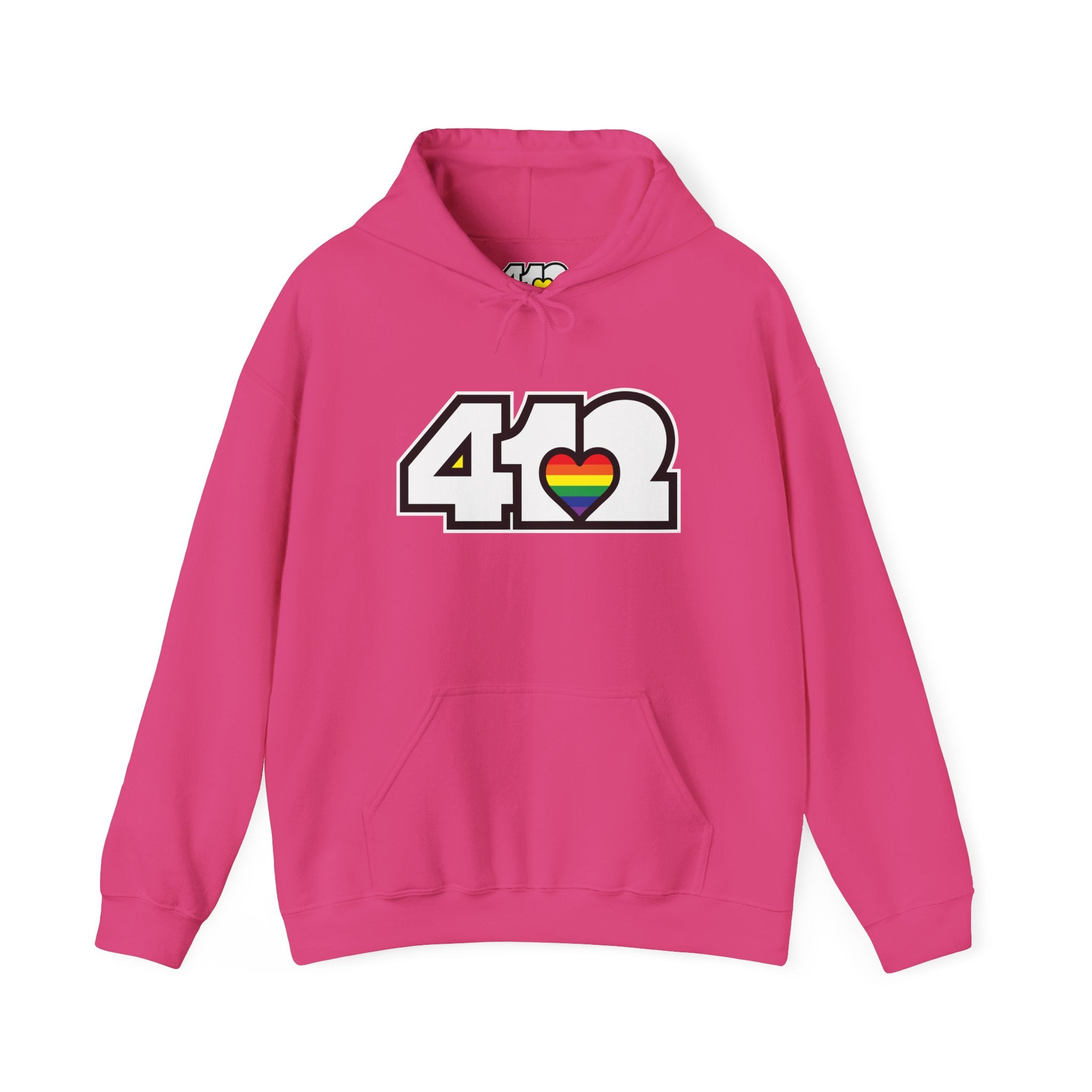 Pittsburgh Hoodie | White and Rainbow 412 Logo. Apparel Color: Heliconia. 50/50 cotton-poly blend, cozy fit, kangaroo pocket, adjustable drawstring hood.