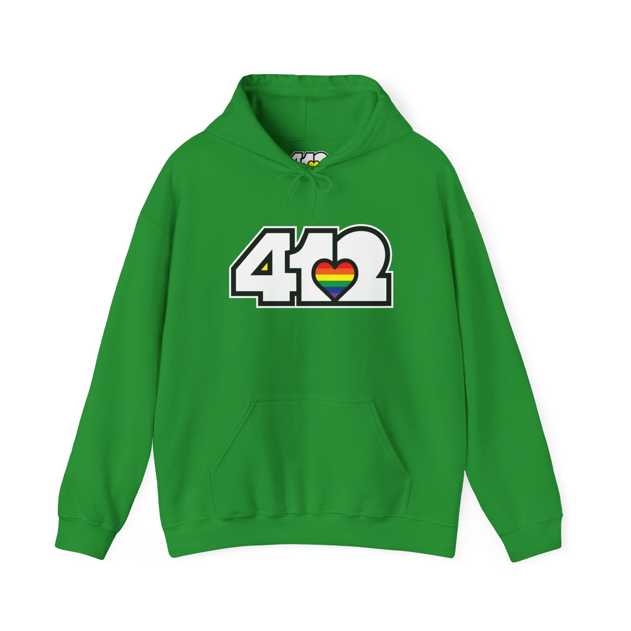 Pittsburgh Hoodie | White and Rainbow 412 Logo. Apparel Color: Irish Green. 50/50 cotton-poly blend, cozy fit, kangaroo pocket, adjustable drawstring hood.