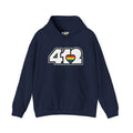 Pittsburgh Hoodie | White and Rainbow 412 Logo. Apparel Color: Navy. 50/50 cotton-poly blend, cozy fit, kangaroo pocket, adjustable drawstring hood.