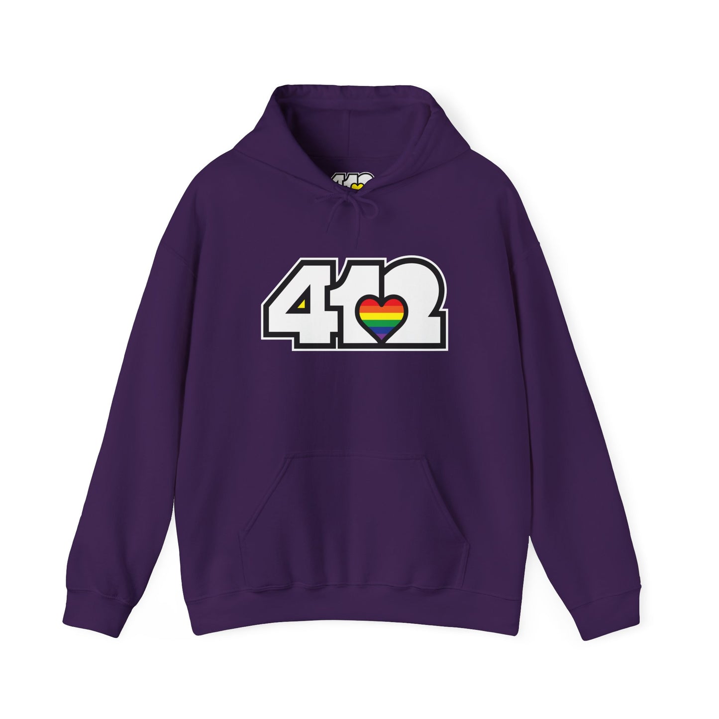 Pittsburgh Hoodie | White and Rainbow 412 Logo. Apparel Color: Purple. 50/50 cotton-poly blend, cozy fit, kangaroo pocket, adjustable drawstring hood.