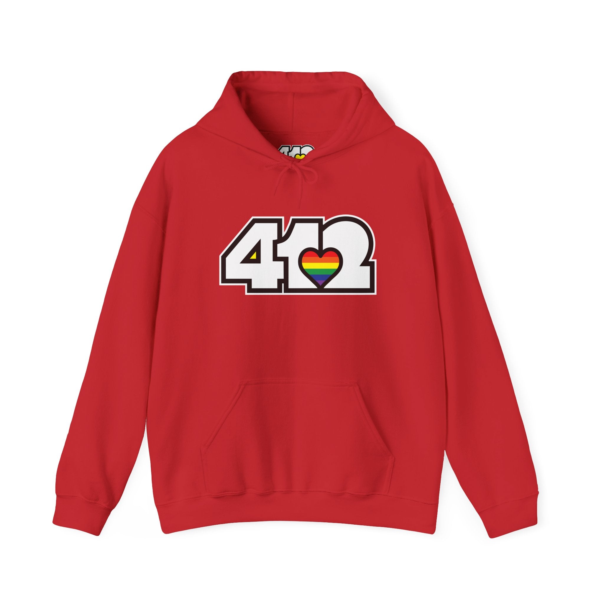 Pittsburgh Hoodie | White and Rainbow 412 Logo. Apparel Color: Red. 50/50 cotton-poly blend, cozy fit, kangaroo pocket, adjustable drawstring hood.