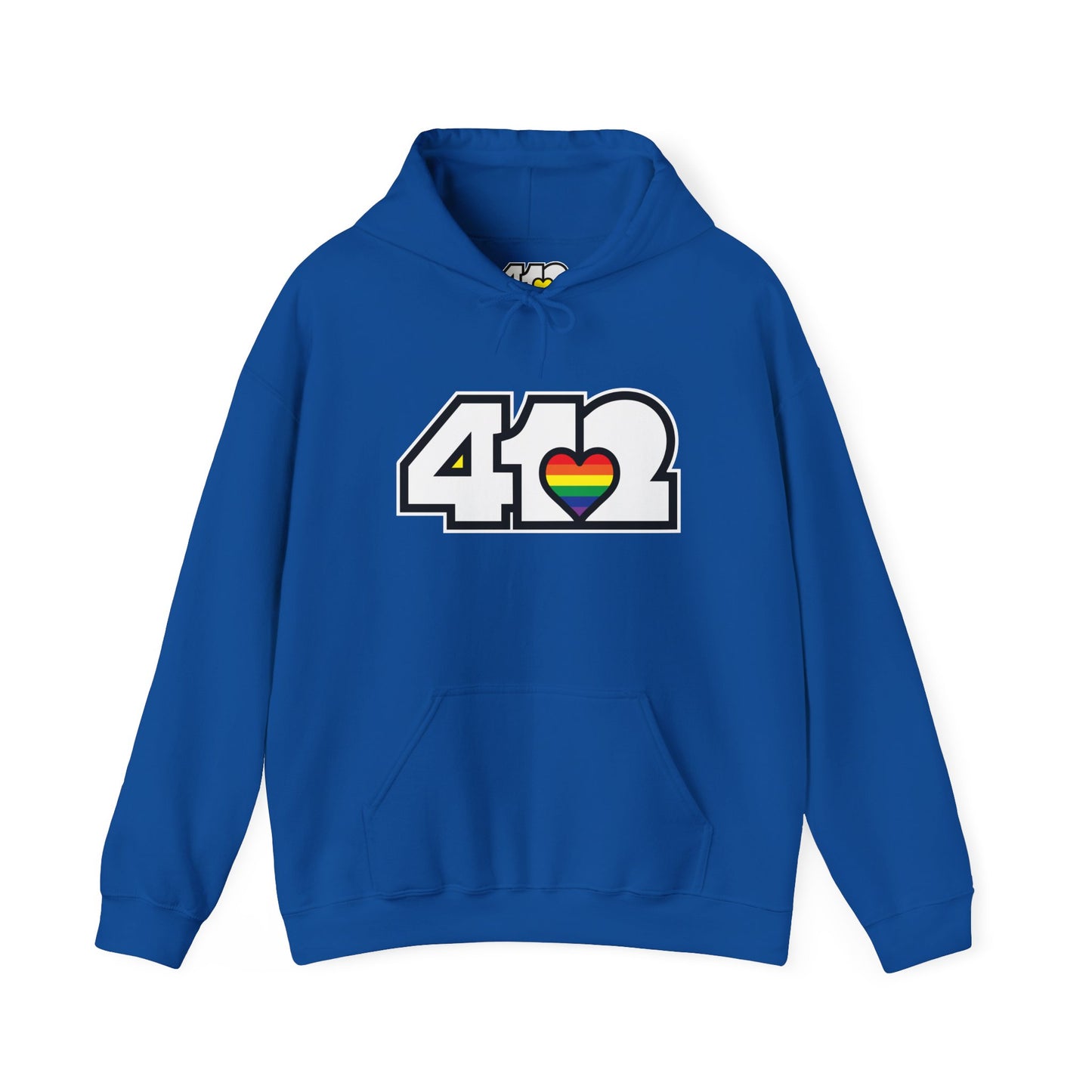 Pittsburgh Hoodie | White and Rainbow 412 Logo. Apparel Color: Royal. 50/50 cotton-poly blend, cozy fit, kangaroo pocket, adjustable drawstring hood.