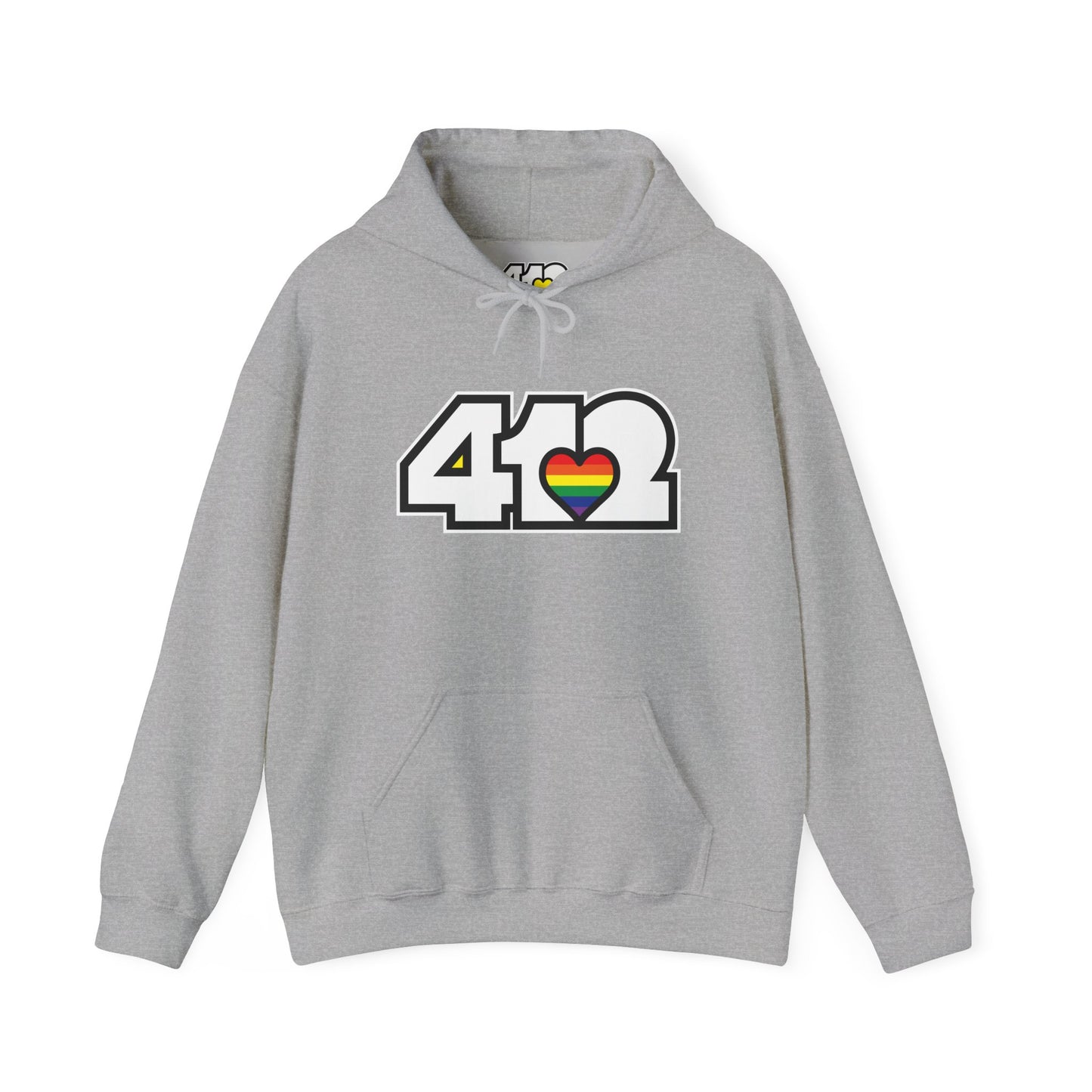 Pittsburgh Hoodie | White and Rainbow 412 Logo. Apparel Color: Sport Grey. 50/50 cotton-poly blend, cozy fit, kangaroo pocket, adjustable drawstring hood.