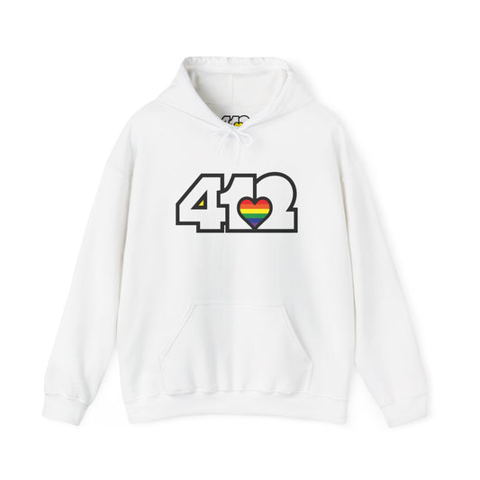 Pittsburgh Hoodie | White and Rainbow 412 Logo. Apparel Color: White. 50/50 cotton-poly blend, cozy fit, kangaroo pocket, adjustable drawstring hood.
