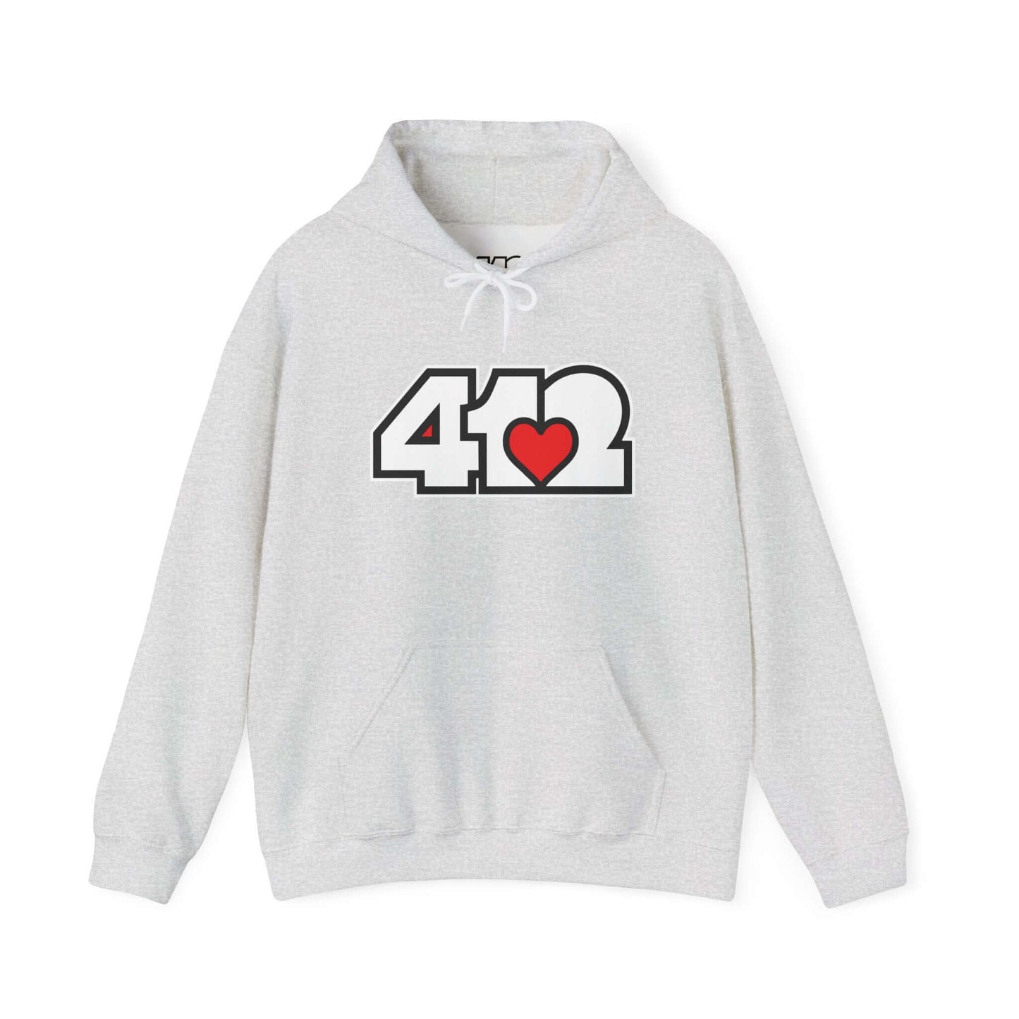 Pittsburgh Hoodie | White and Red 412 Logo. Apparel Color: Ash. 50/50 cotton-poly blend, cozy fit, kangaroo pocket, adjustable drawstring hood.