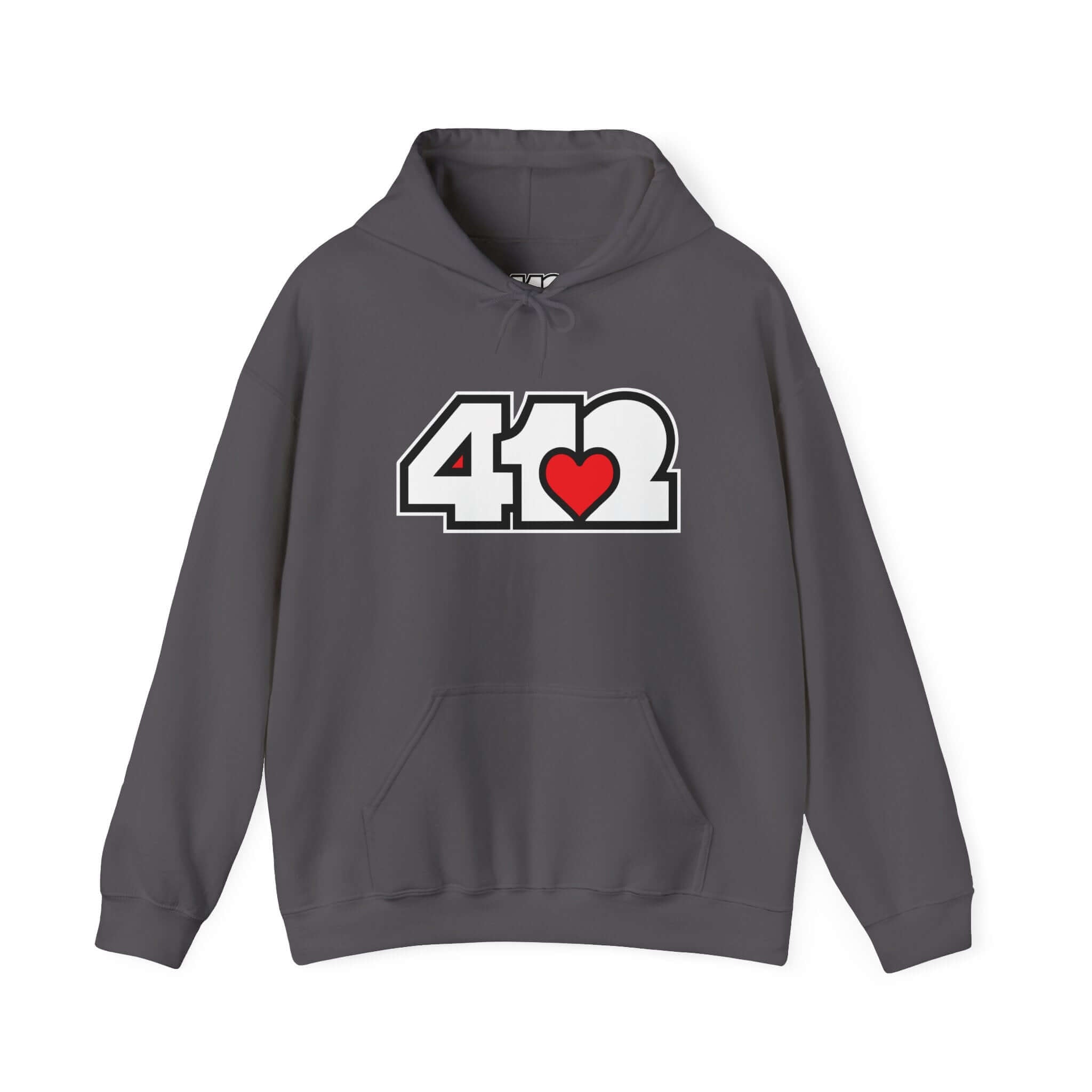 Pittsburgh Hoodie | White and Red 412 Logo. Apparel Color: Charcoal. 50/50 cotton-poly blend, cozy fit, kangaroo pocket, adjustable drawstring hood.